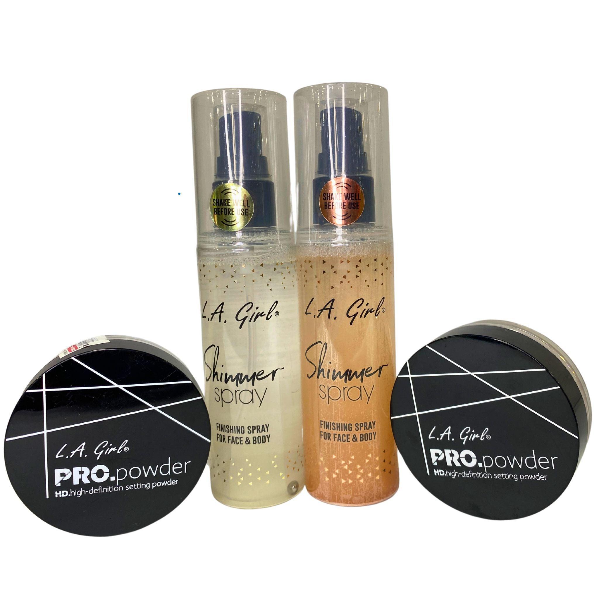 LA Girl Shimmer Spray Finishing Spray & Pro Powder HD High Definition Setting Powder - 65 Pcs Makeup Set for Flawless Face & Long-Lasting Shine | Perfect for Professional Makeup Artists & Daily Beauty Routine