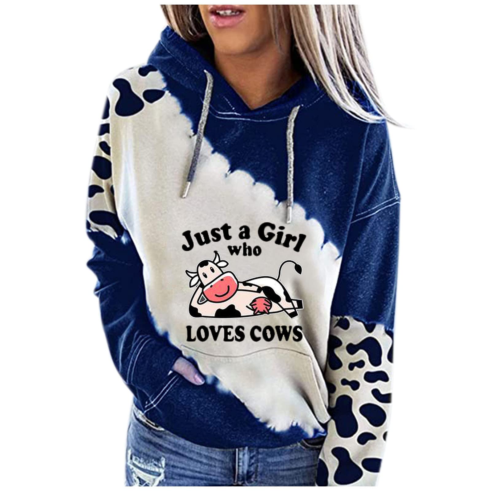 Funny Cute Cow Print Hoodie for Women - Plus Size Pullover Sweatshirt with Color Block Design | Casual Long Sleeve Tops for Everyday Wear, Loungewear & Street Style