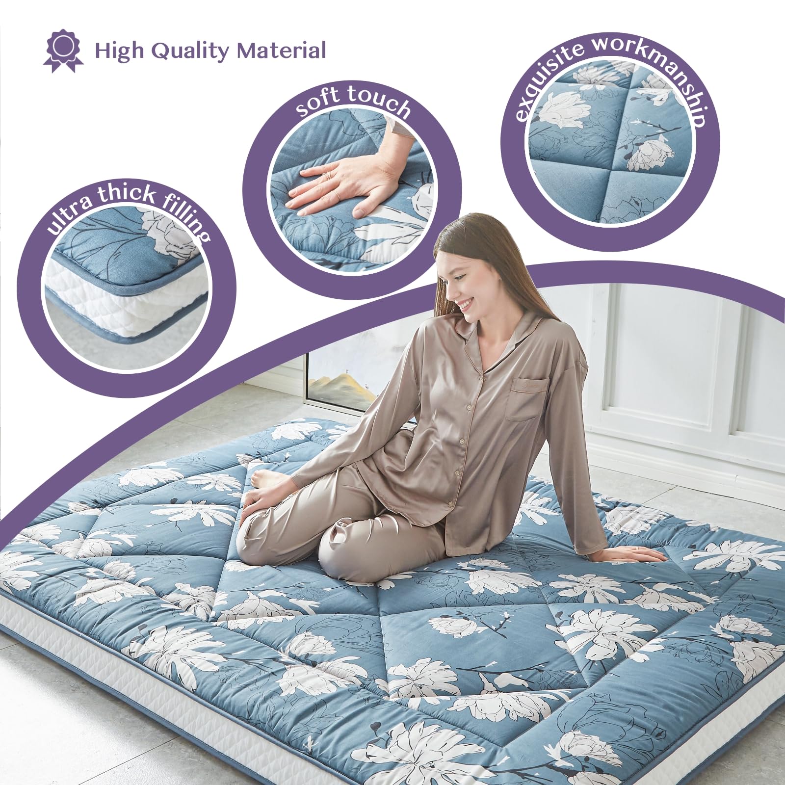 Japanese Floor Mattress Futon - Extra Thick Roll-Up Mattress Bed Topper for Guest, Lounger or Travel - White Flower Design - Full-XL Size - Perfect for Home, Office & Camping Use