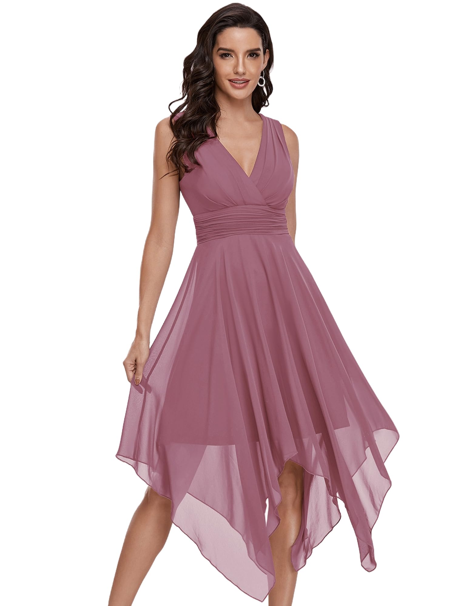 Ever-Pretty Women's V-Neck Pleated Waist Sleeveless Chiffon Cocktail Dress with Irregular Hem - Perfect for Wedding Guest, Bridal Shower, Party & Special Occasions | Style 03142