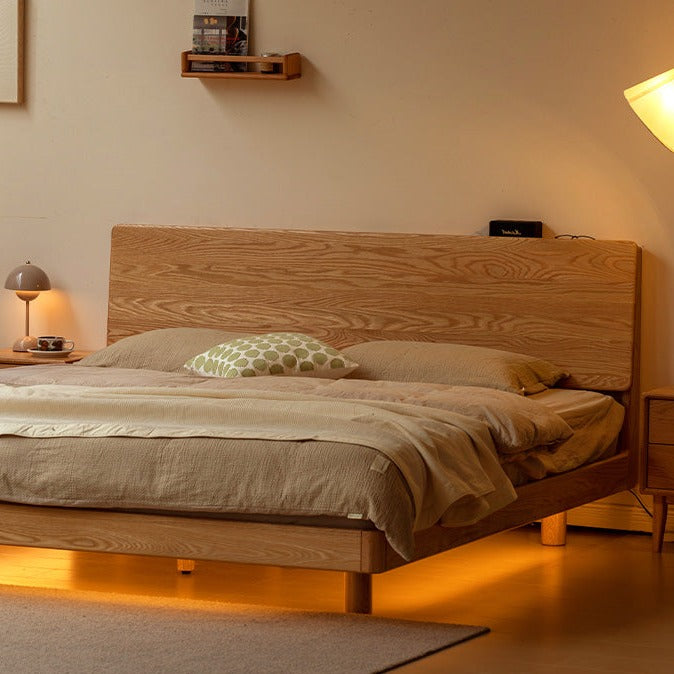Solid Oak Wood Modern Floating Bed Frame - Queen Size, Sturdy Platform Bed with LED Lights for Bedroom, Living Room, Guest Room