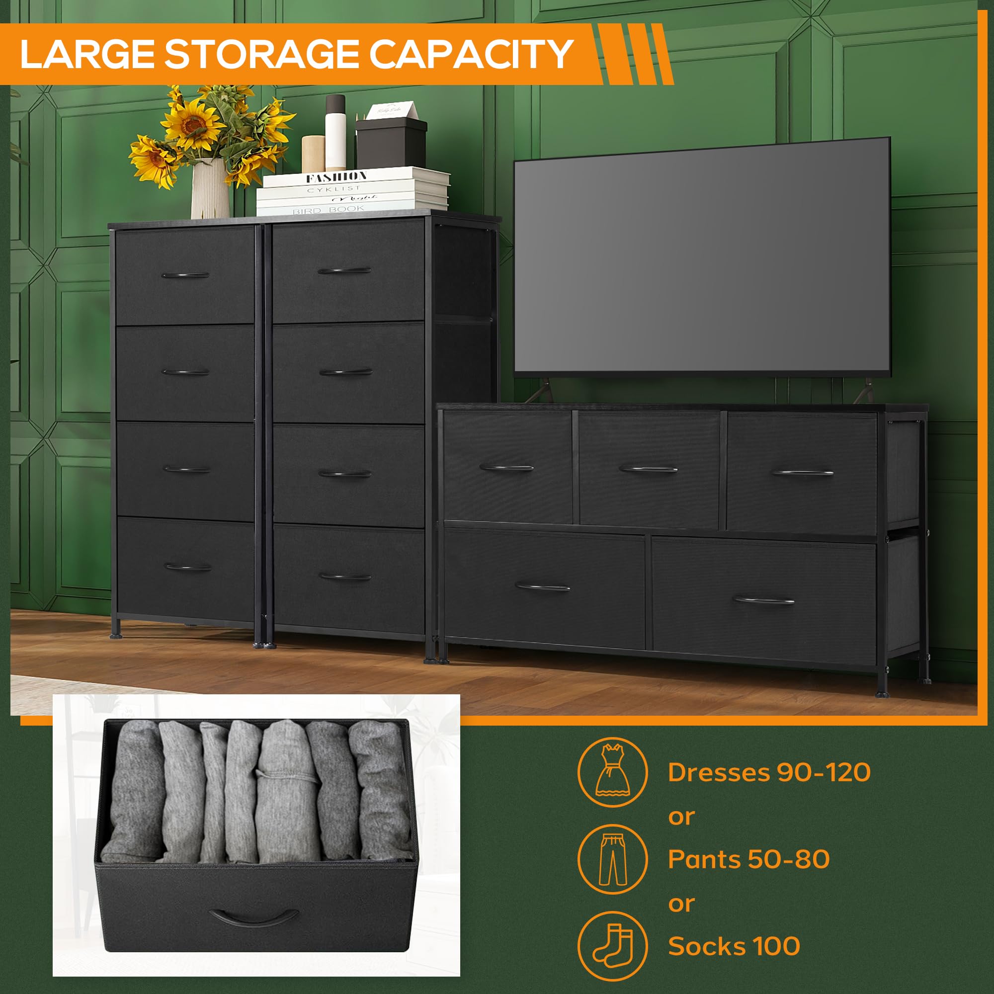 DUMOS 4-Drawer Dresser for Bedroom - Tall Fabric Storage Organizer with Wooden Top & Metal Frame - Perfect for Clothes, Kids Room, Living Room, Hallway & Entryway - Black (Great for Small Space Organization & Home Decor)