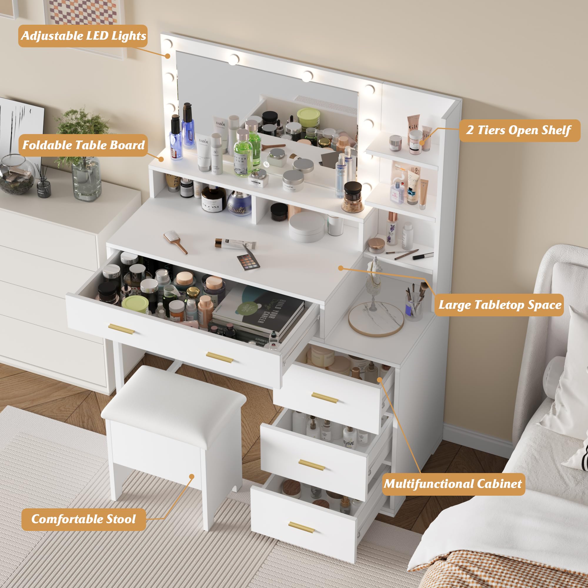 LED Makeup Vanity Desk with Mirror & 9 Lights, 5 Drawers for Bedroom Beauty