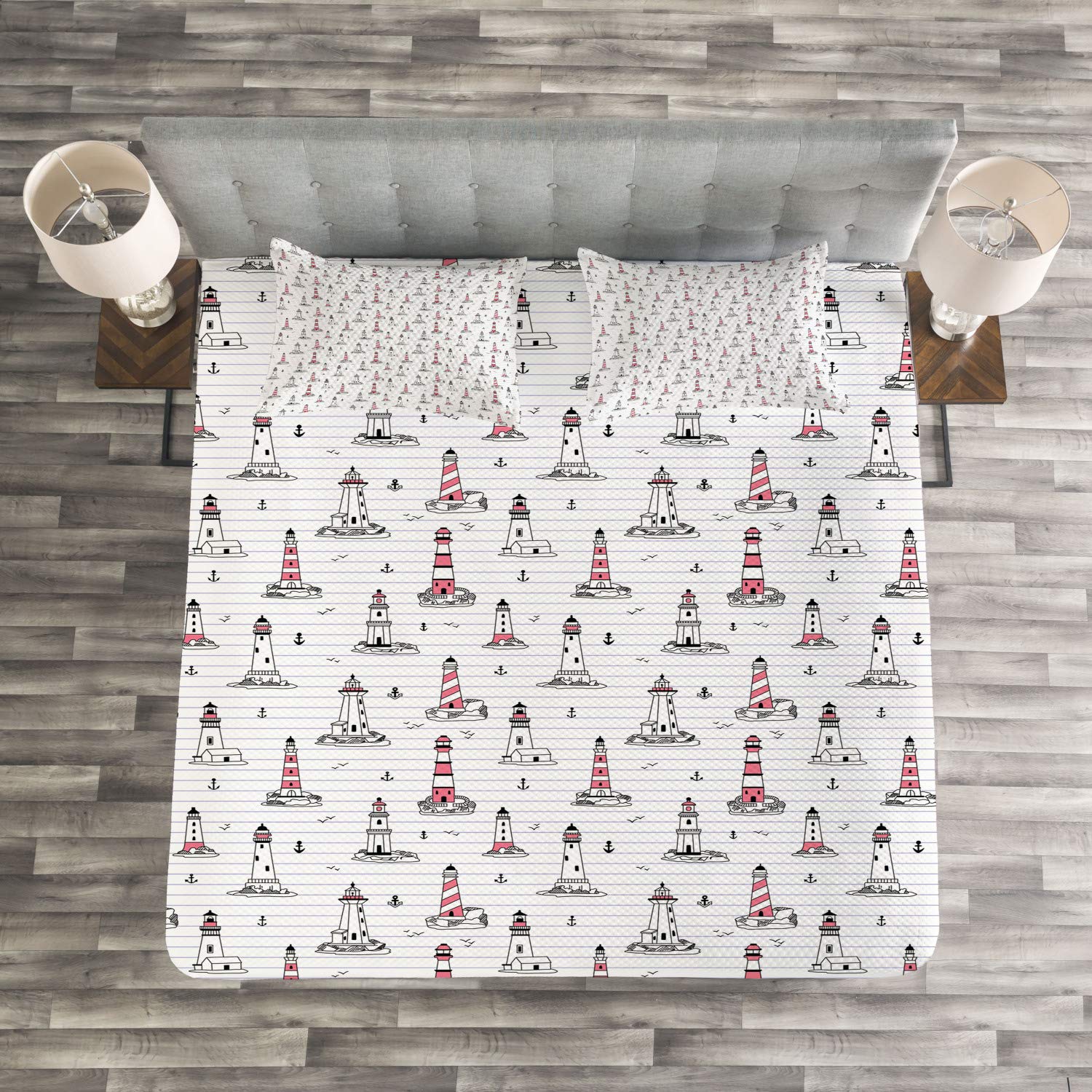 Ambesonne Lighthouse Bedspread Set - Nautical Themed Notebook Pattern with Seagulls & Anchors Doodle Design, 3-Piece King Size Bedding Set (Coverlet + 2 Pillow Shams) in Pink Lilac Black | Coastal Home Decor for Beach House, Guest Room & Nautical Nursery