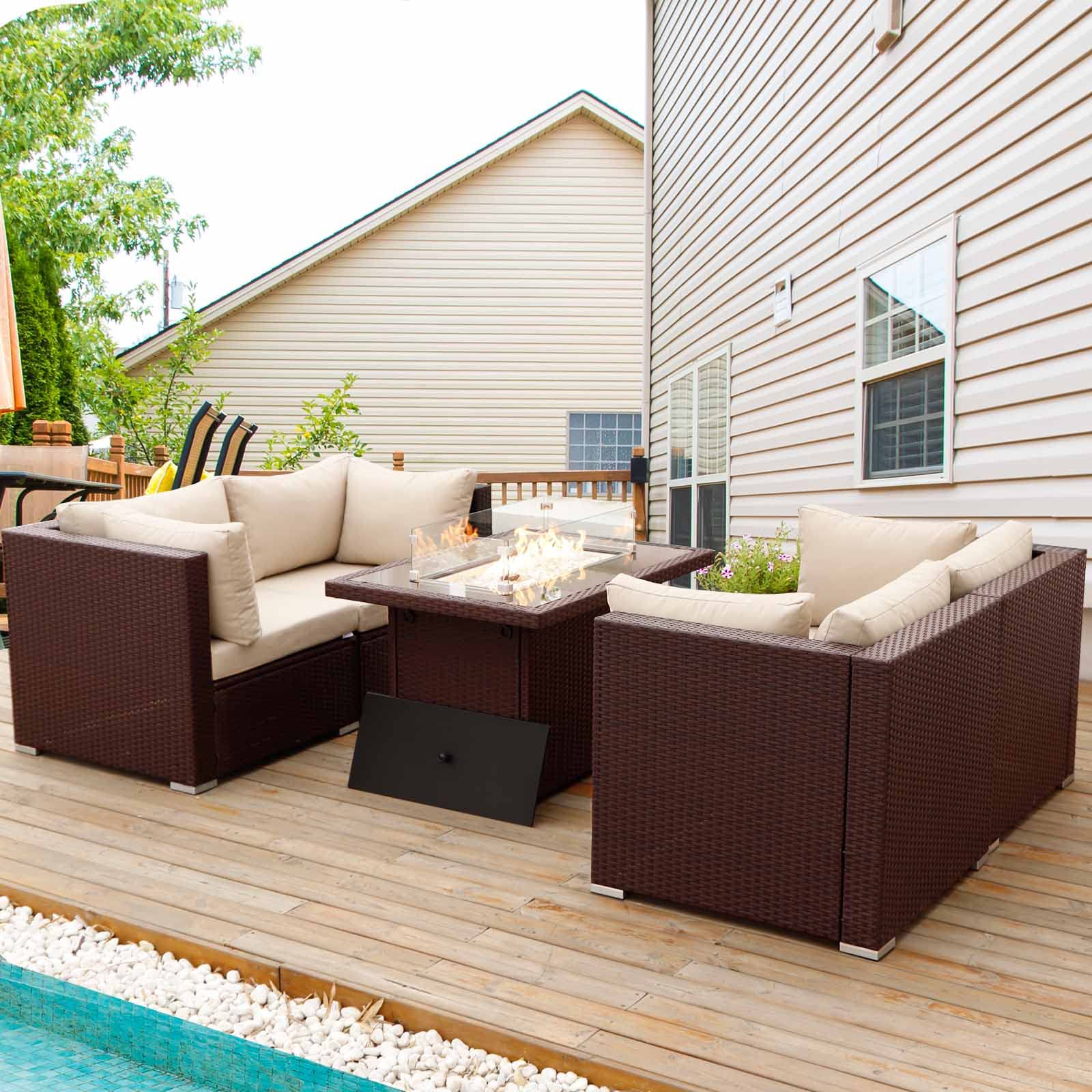 NICESOUL® 5-Piece PE Rattan Outdoor Sectional Sofa Set with Fire Pit Table - High Back Large Patio Furniture, CSA Approved Espresso Brown - Perfect for Garden, Backyard, Poolside & Terrace Relaxation