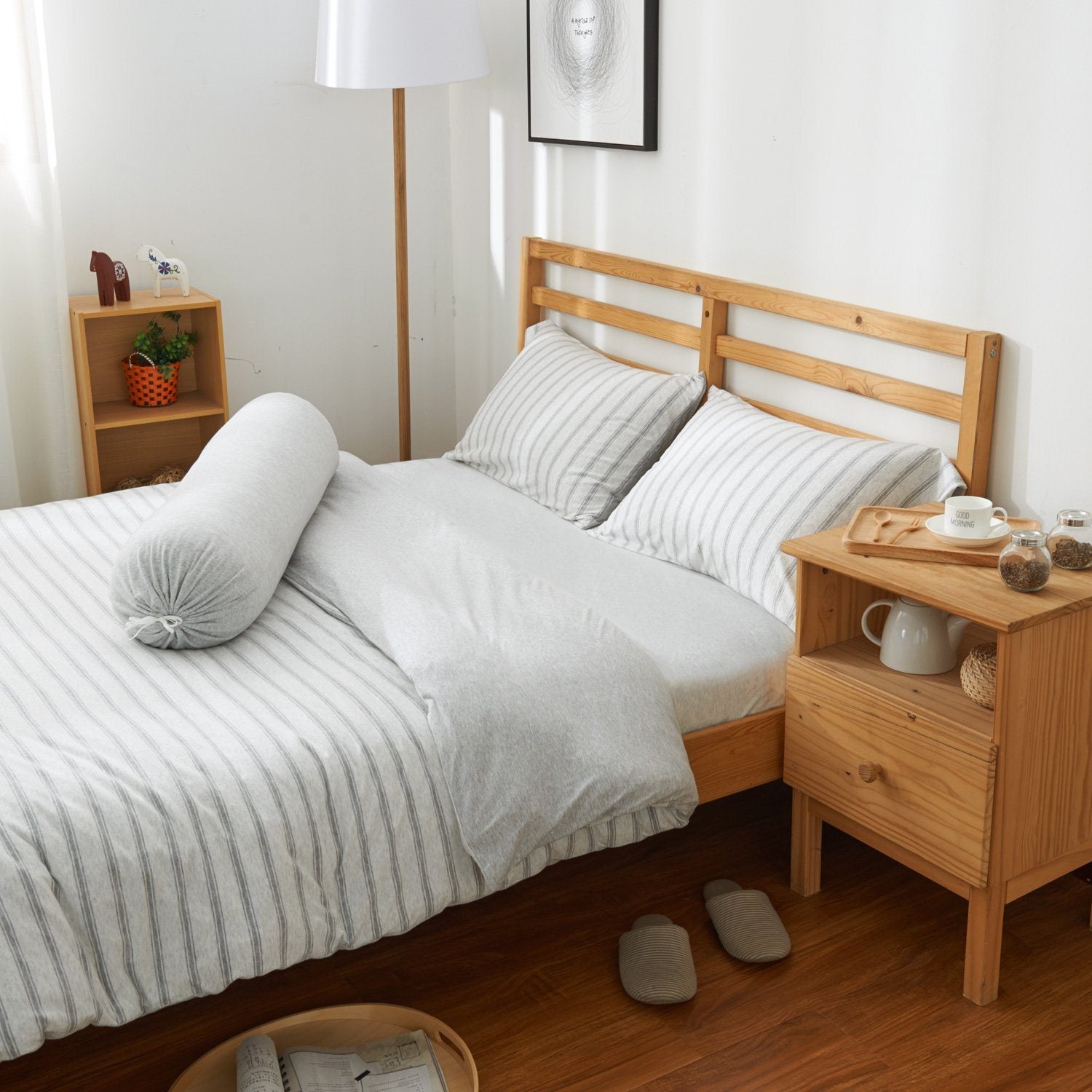 Cotton Pure™ Menatee Grey Stripe Jersey Cotton Quilt Cover Set - Soft Breathable Bedding for Comfortable Sleep - Perfect for Master Bedroom, Guest Room & Dorm Decor