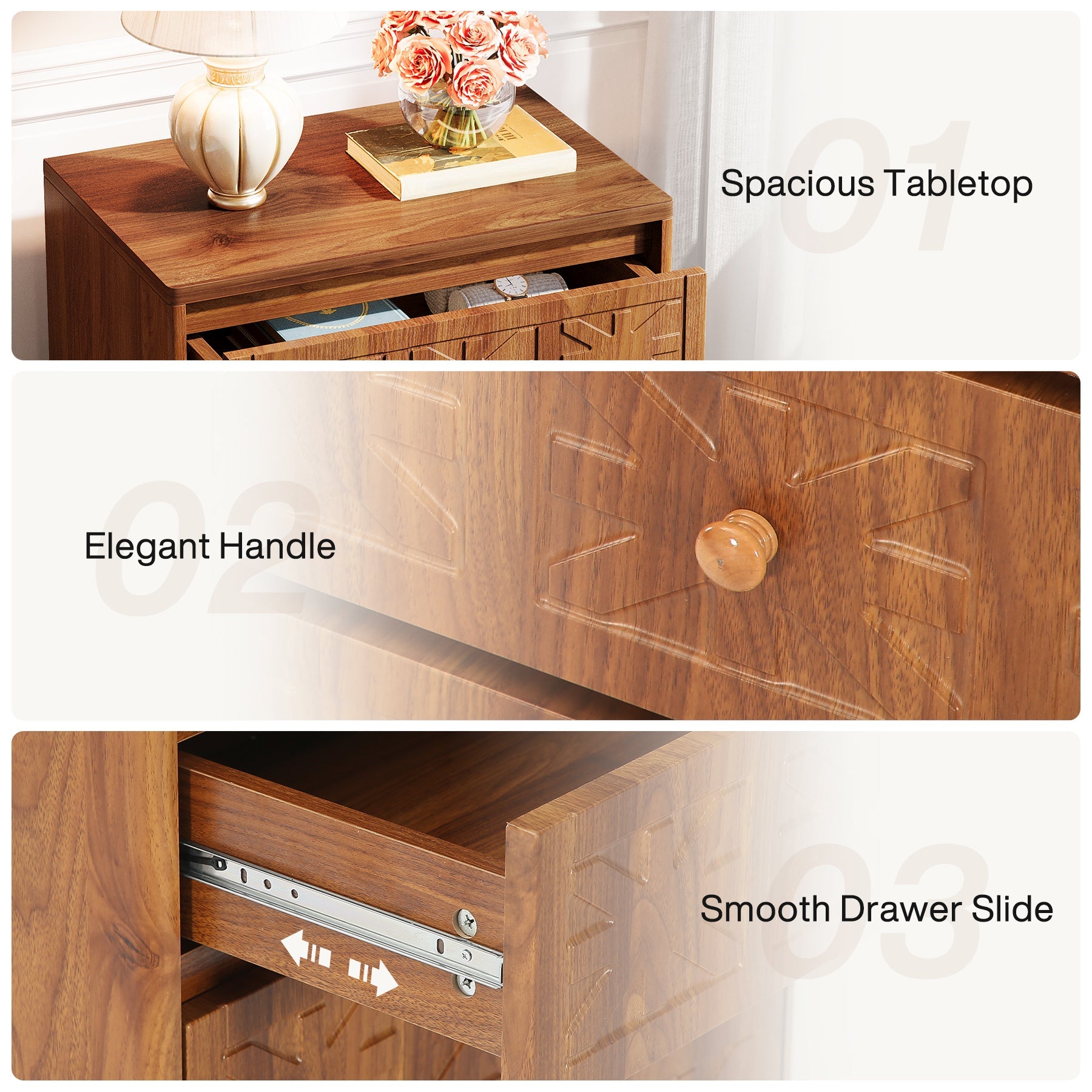 3 Drawer Nightstand - Farmhouse Style Bedside Table with Elegant Carved Patterns, Rustic Bedroom Furniture for Home Decor & Storage - Perfect for Bedroom, Living Room or Guest Room