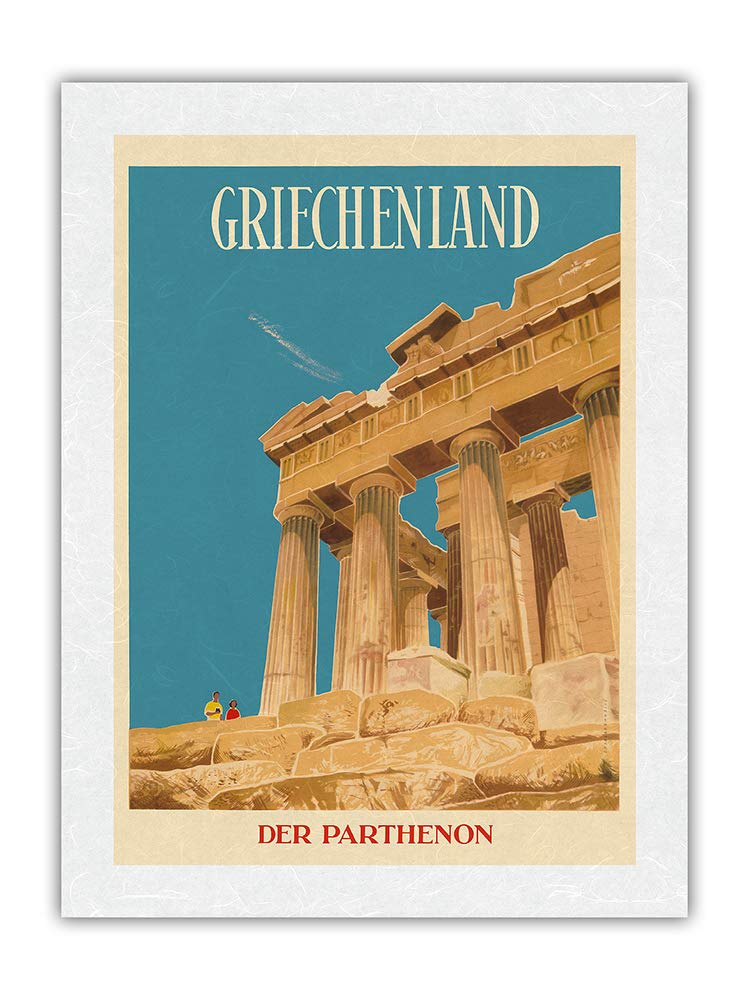 Vintage Greece Travel Poster - Parthenon & Temple of Athena by Dick Negus & Philip Sharland (1954) - Premium Unryu Rice Paper Art Print 17x22 inches - Perfect for Home Decor, Office Wall Art & Greek Mythology Enthusiasts