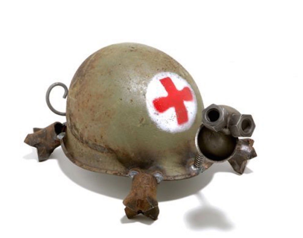 Sugarpost Metal Sculpture - Army Helmet Red Cross Turtle Statue - Home Decor, Office Desk Art, Gift for Military & Animal Lovers