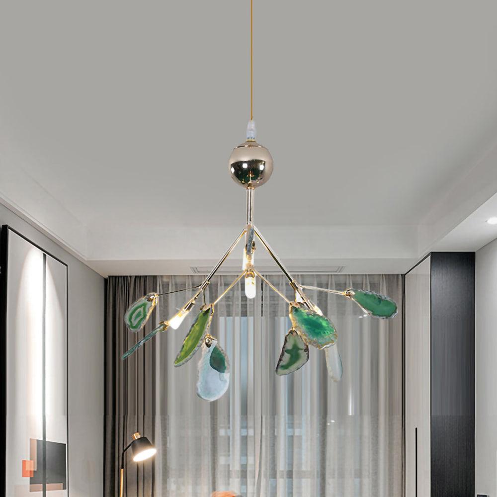 Elegant Agate Flake Crystal Chandelier - Handcrafted Natural Stone Pendant Light Fixture for Dining Room, Living Room & Bedroom Decor