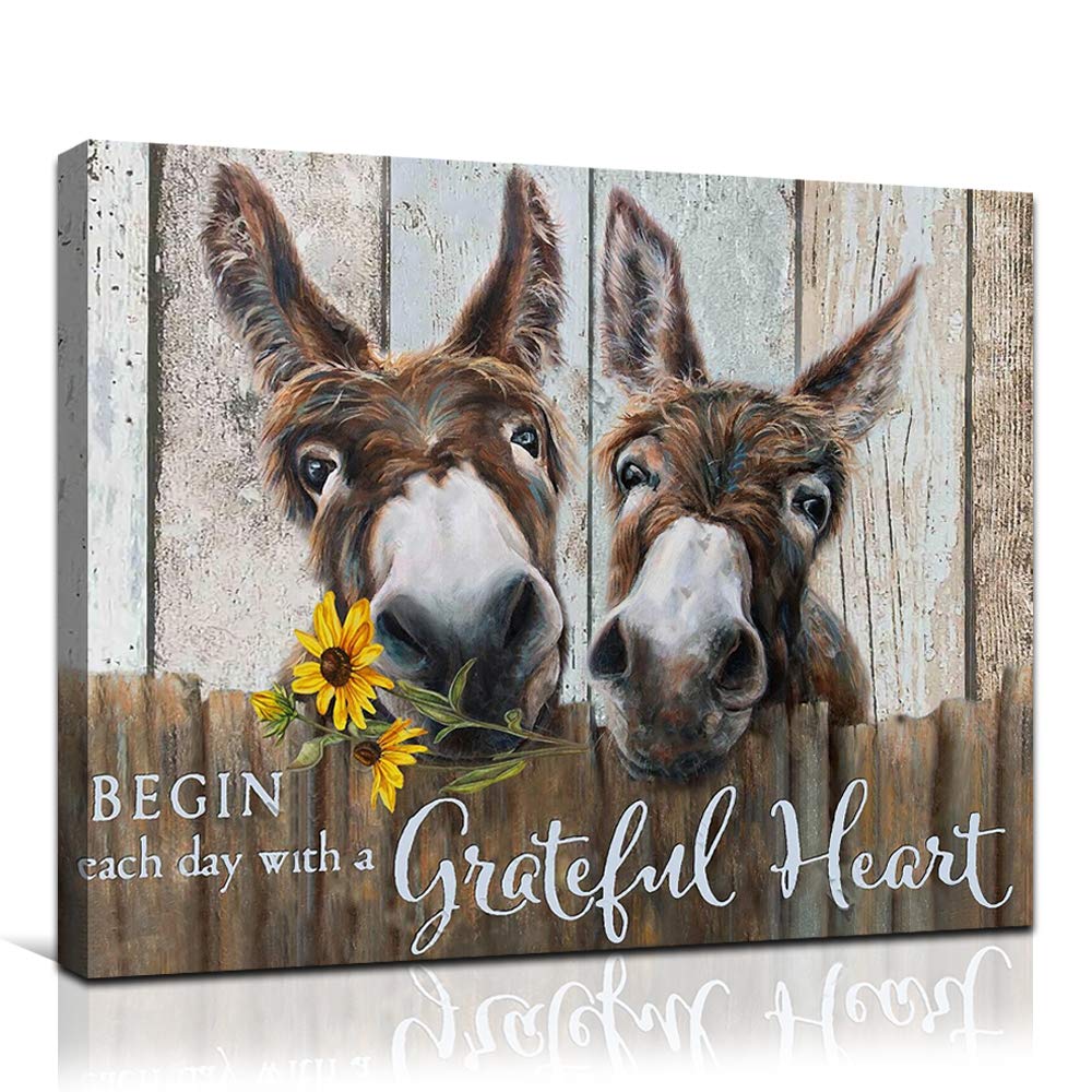 FADALO ART Brown Donkey Motivational Quotes Framed Wall Art - 'Begin Each Day with a Grateful Heart' - 12x16 Inch Inspirational Canvas Print for Bathroom, Bedroom & Farmhouse Decor - Perfect for Country Style Homes and Office Spaces