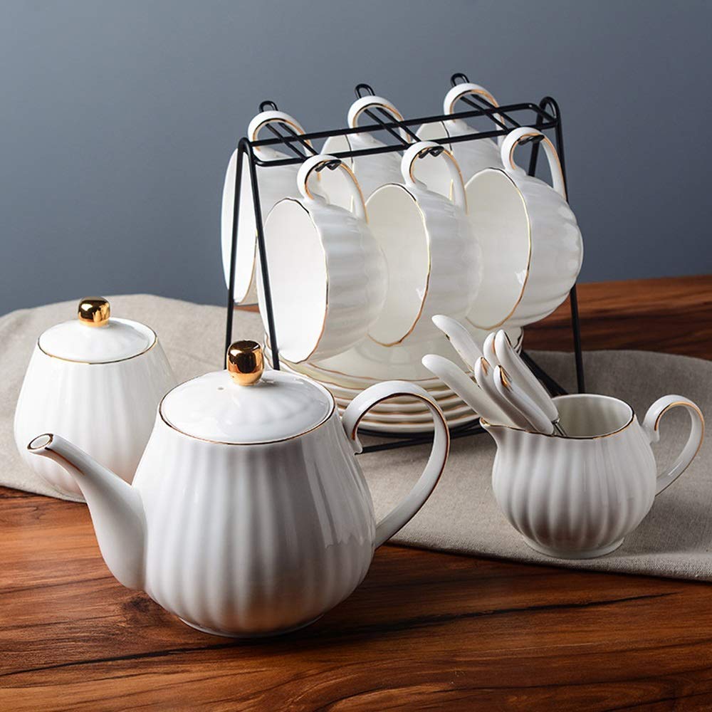 Royal Porcelain Tea Set British Style - 4/6/15 Piece Service with Teapot, Sugar Bowl, Cream Pitcher & Accessories for Afternoon Tea, Coffee Break & Elegant Home Decor