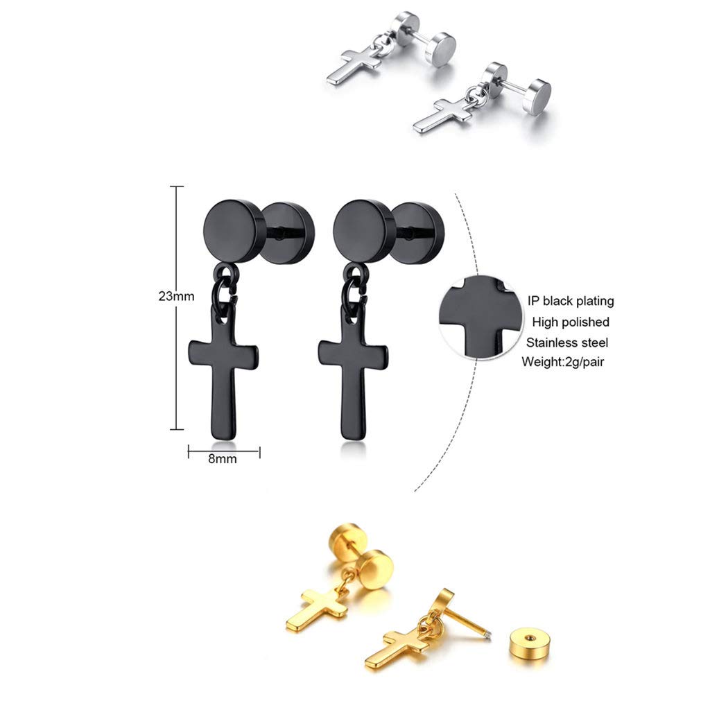 3 Pairs Stainless Steel Cross Earrings for Men & Women - Screw Stud, Dangle Hoop & Gauges - Perfect for Everyday Wear, Parties & Gifts