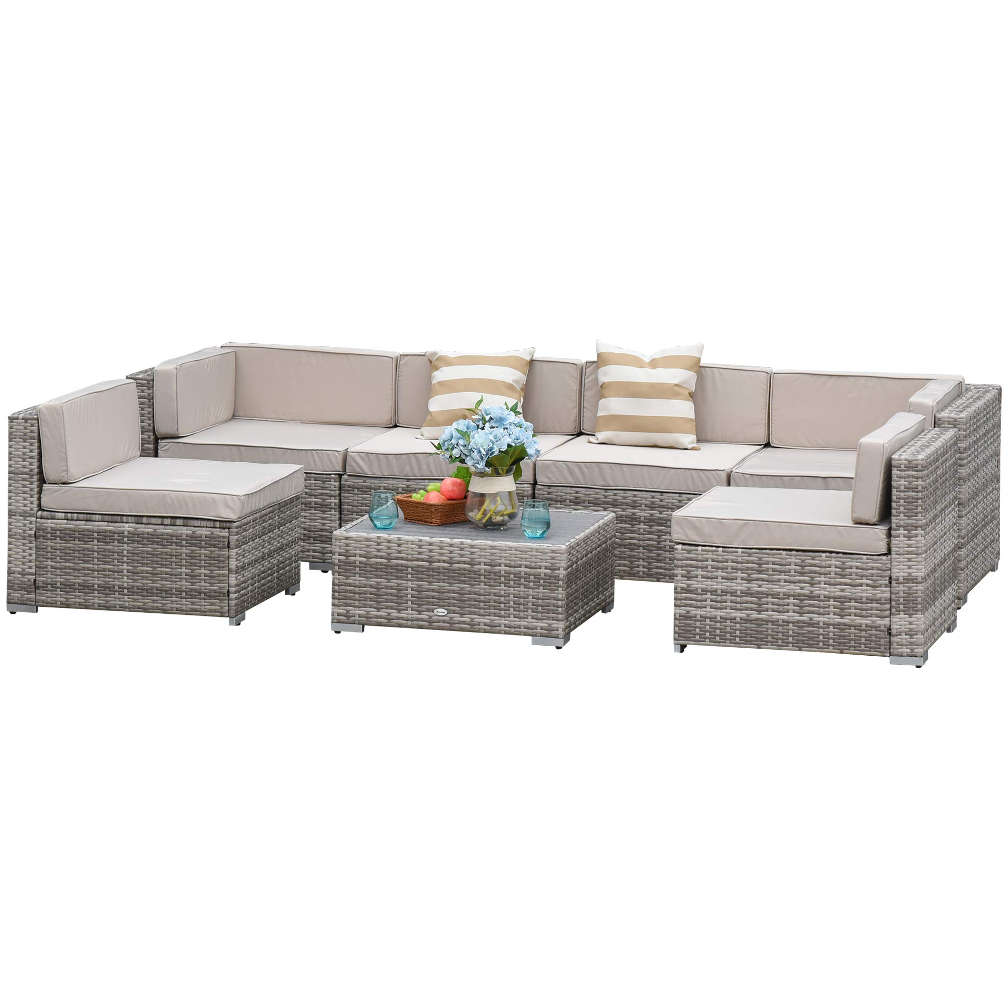 Outsunny 7-Piece Outdoor Patio Furniture Set - PE Rattan Wicker Sectional Sofa with Cushions, Throw Pillows & Coffee Table, Beige Stripe - Perfect for Backyard, Garden, Poolside & Patio Relaxation
