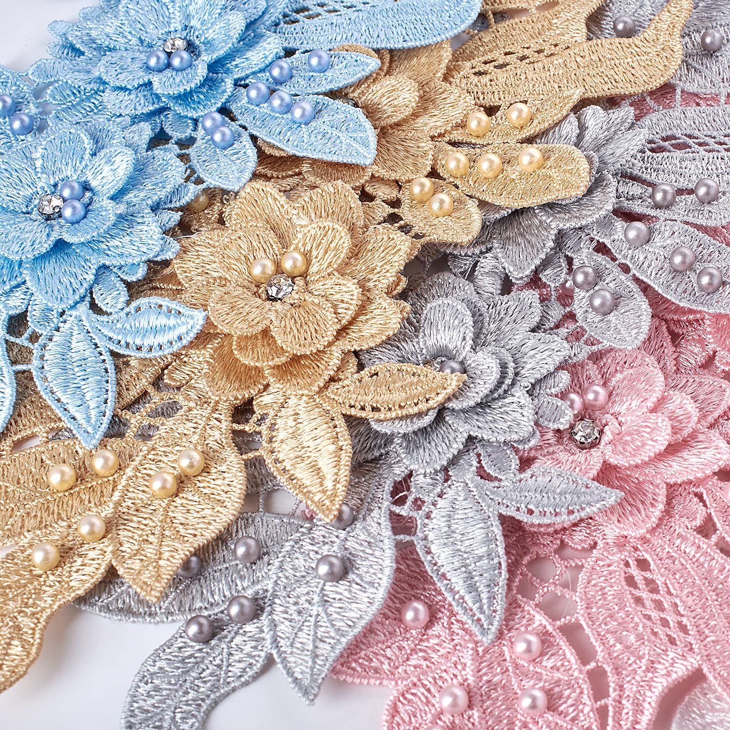 3D Lace Applique Floral Beaded Rhinestone Patch - Silver Sew-on Embroidery Motif for Wedding Dresses, Veils & Bridal Gowns - Perfect for DIY Dress Decoration, Costume Embellishment and Fabric Crafting