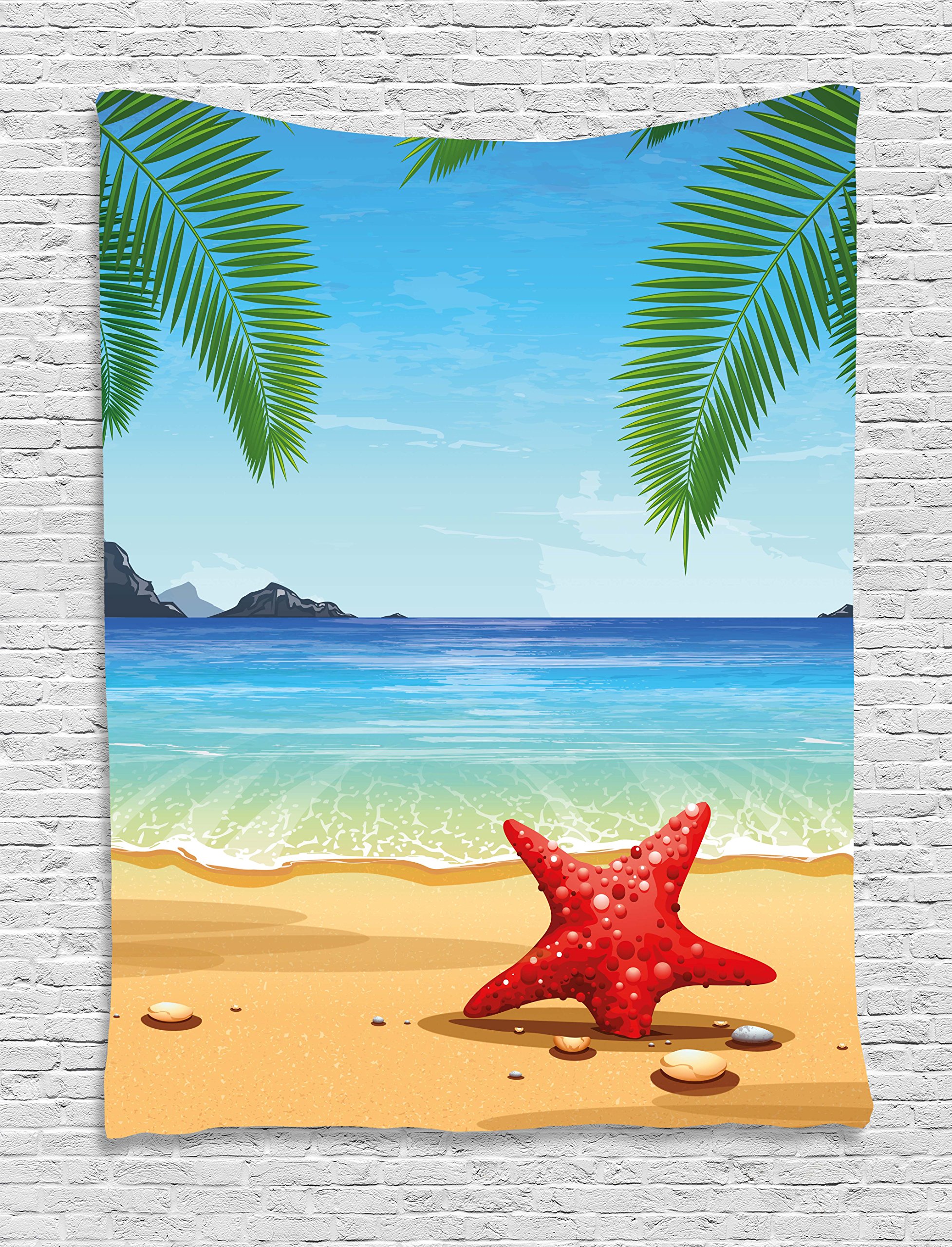 Ambesonne Tropical Beach Tapestry Wall Hanging - Starfish Ocean Palm Trees Sunset Design for Bedroom, Living Room & Dorm Decor - 60x80 Inch Multicolor Coastal Home Decor | Perfect for Beach House, Vacation Rental & Boho Chic Room Aesthetic