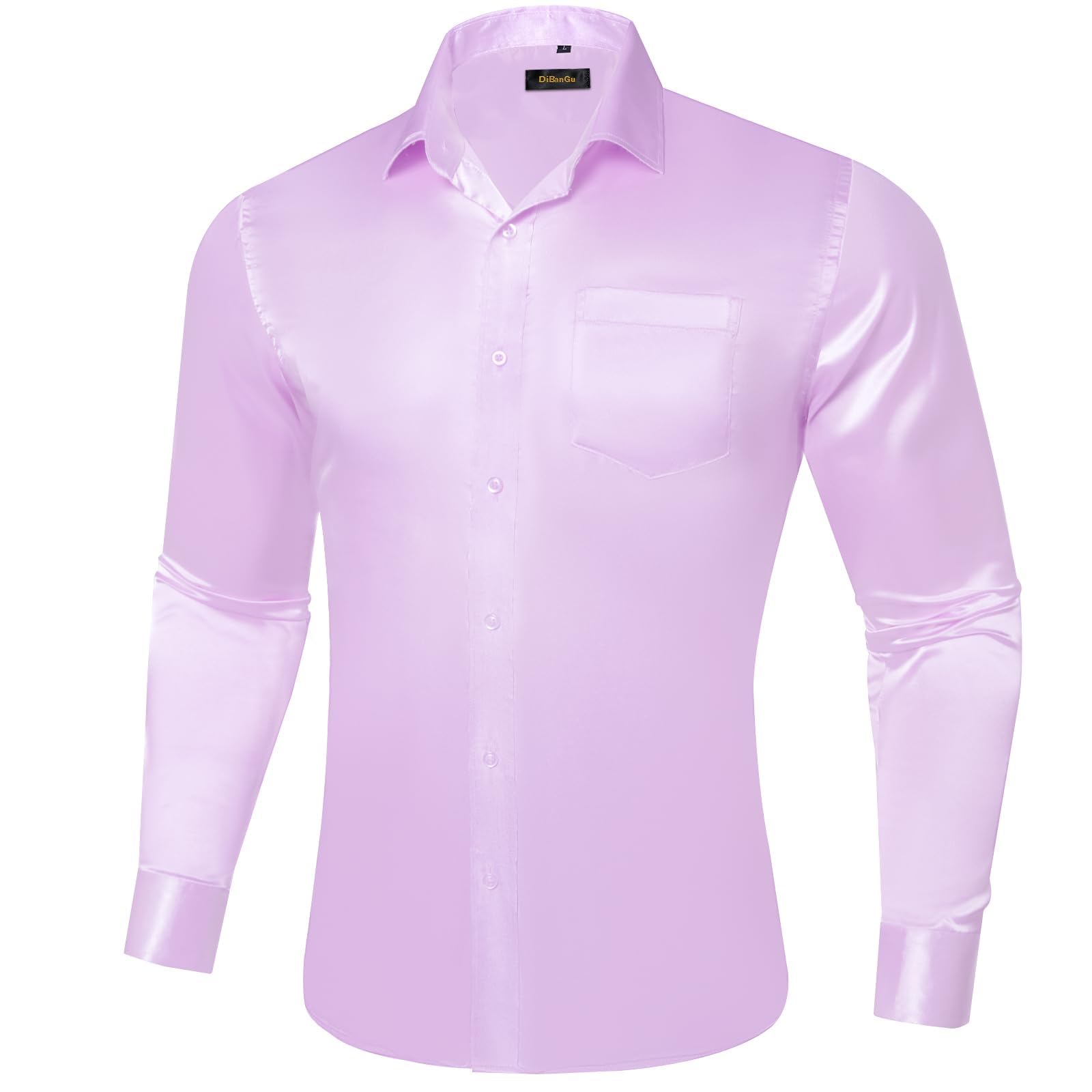 Men's Satin Shiny Long Sleeve Button Down Dress Shirt - Solid Color Regular Fit Formal Shirt with Pocket for Wedding, Party & Business Occasions | Office Wear, Date Night & Special Events Attire