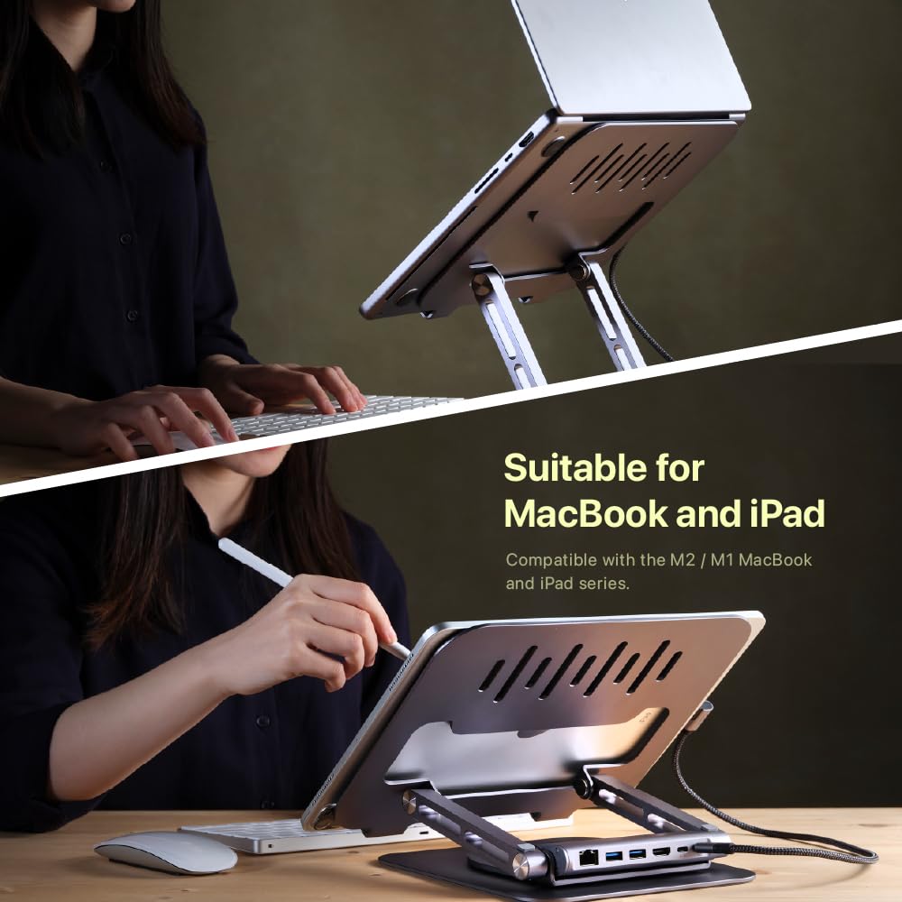 ADAM elements USB-C Stand Pro 6-in-1 Laptop Docking Station for MacBook Pro/Air M1/M2, iPad Pro & Windows Laptops - USB-C Hub with HDMI, 2x USB-A, PD Charging, Ethernet Port - Perfect for Home Office & Workspace Setup