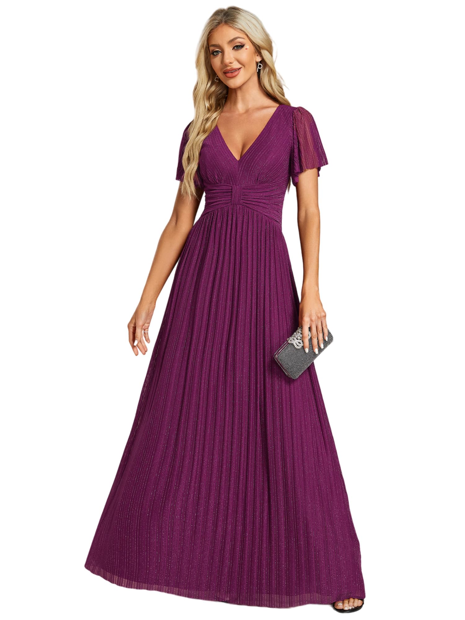 Ever-Pretty Women's Glitter V-Neck Pleated Short Sleeve Wedding Guest Dress - Summer Evening Party Mother of the Bride Dress 11961 | Perfect for Garden Weddings, Cocktail Parties & Formal Events
