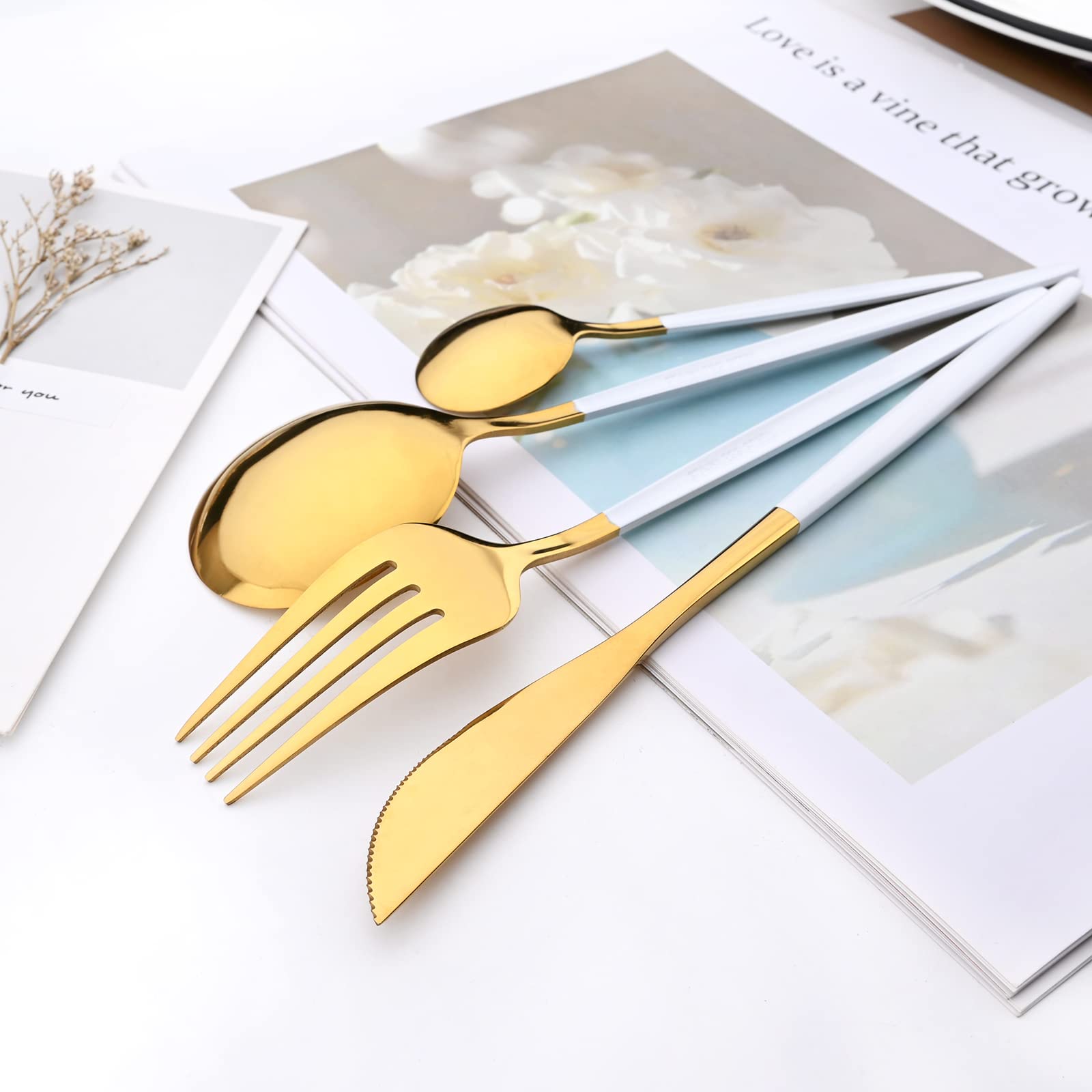 24-Piece Mirror Cutlery Serving Set - 18/0 Stainless Steel Silverware with White Handle - Modern Tableware for Home, Party, Restaurant & Christmas Dinner - Service for 6 (White Gold) - Perfect for Holiday Entertaining, Wedding Receptions & Fine Dining