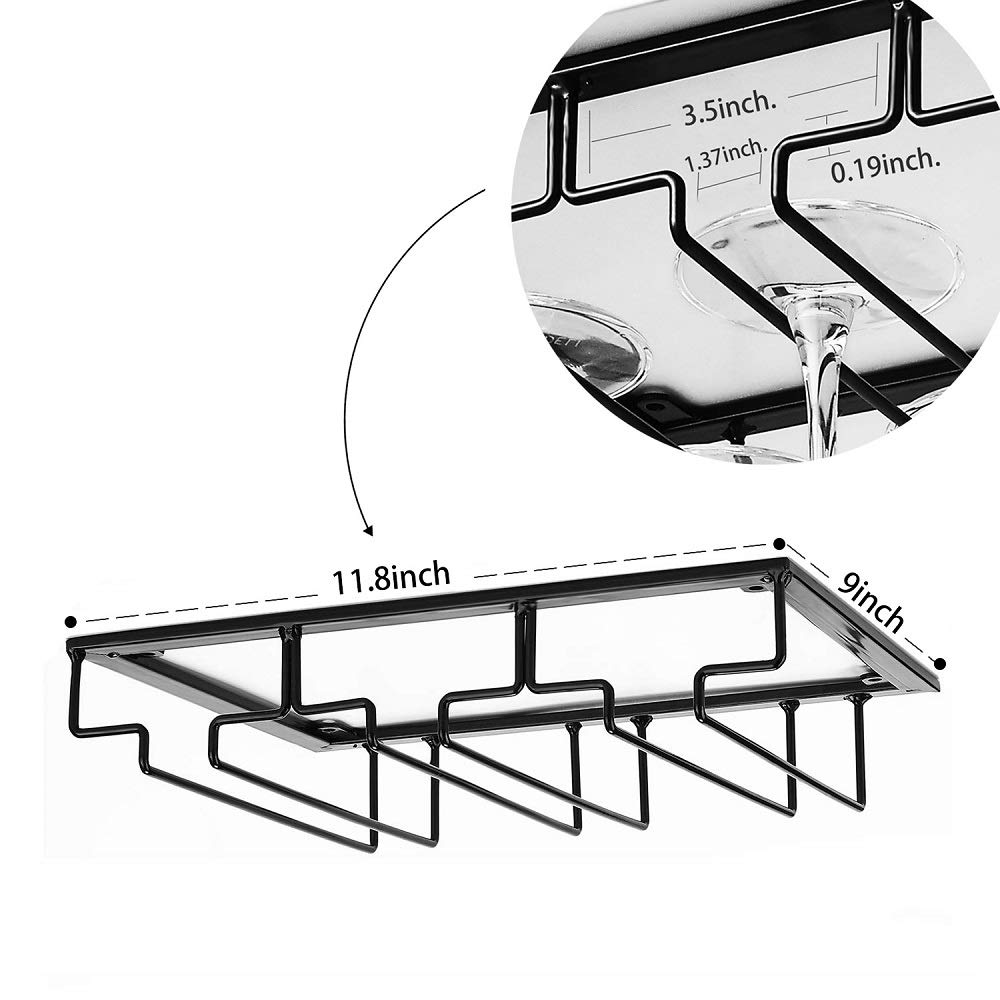 Premium Under Cabinet Wine Glass Rack - Sturdy Metal Stemware Holder & Organizer for Bar, Kitchen - Perfect for Storing Red, White Wine Glasses and Champagne Flutes (Black)