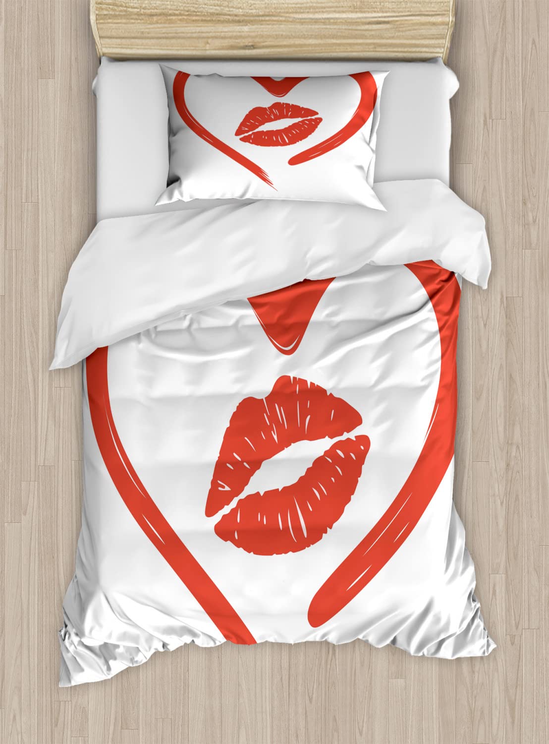 Ambesonne Romantic Kiss Duvet Cover Set - Twin Size 2-Piece Bedding with Lipstick Heart Design, White & Vermilion - Perfect for Valentine's Day Gifts, Couples Bedroom Decor & Romantic Getaways