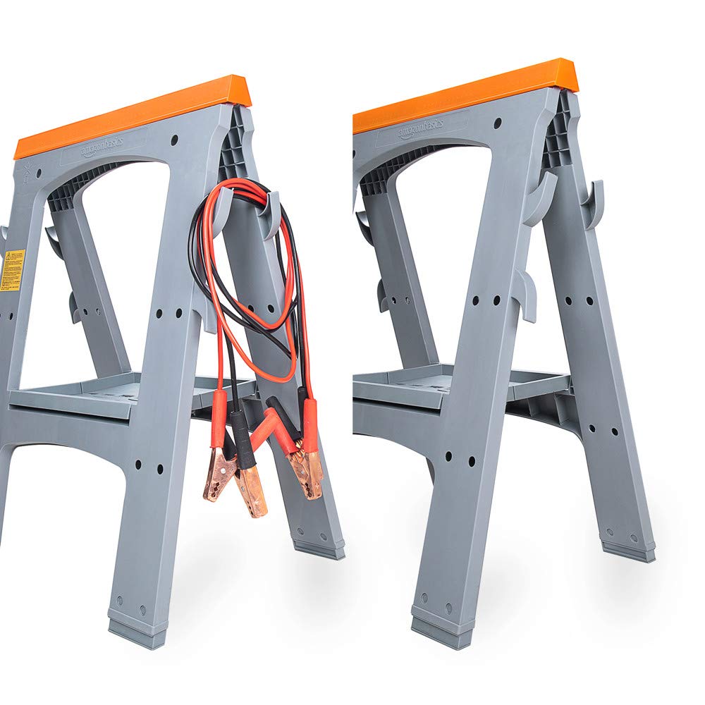 Amazon Basics Heavy Duty Folding Sawhorse Set of 2 - 900 lb Capacity, Adjustable Height Workbench Support for Woodworking, Construction, Painting Projects (Orange & Grey)