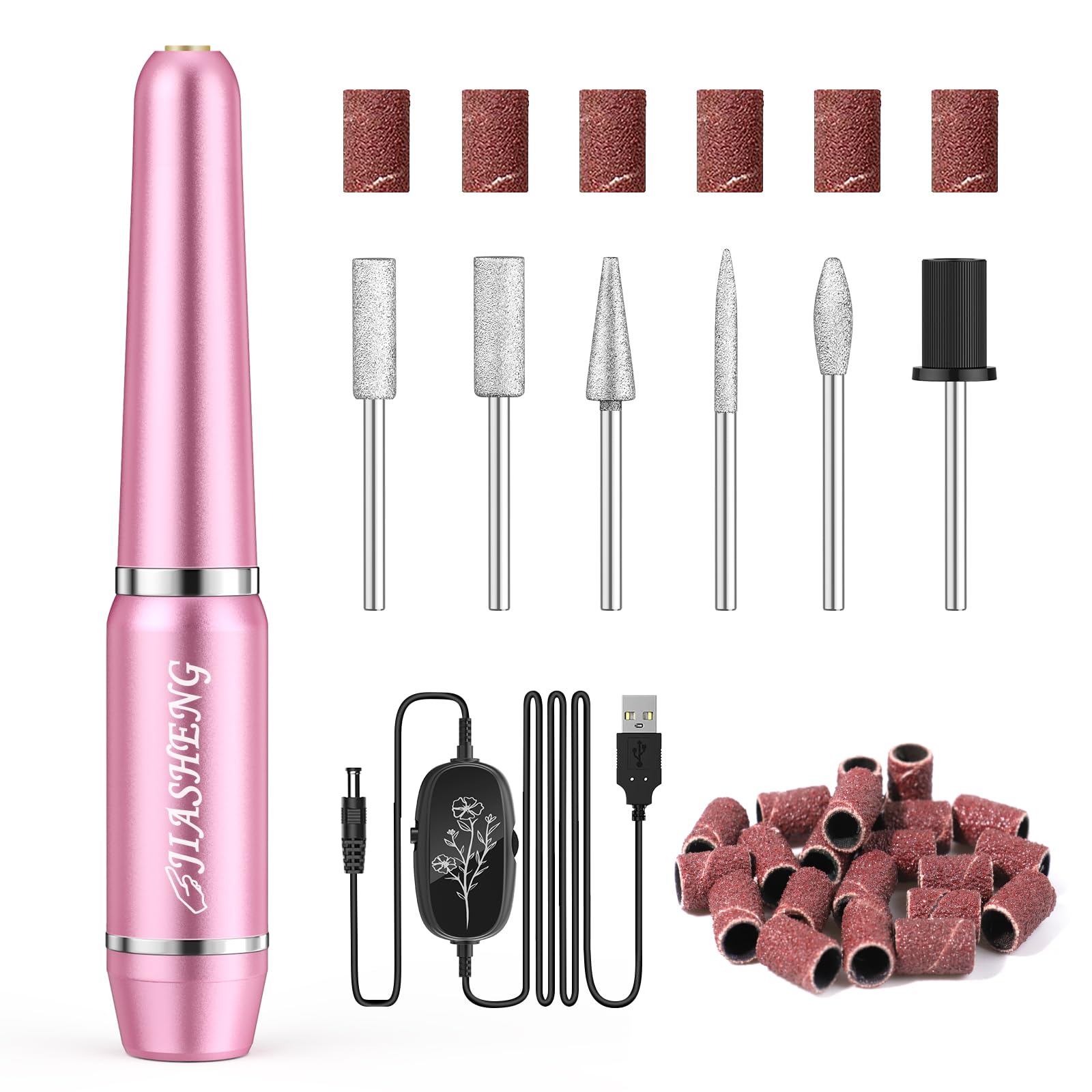 JIASHENG Professional USB Electric Nail Drill Kit - Portable Nail File for Acrylic & Gel Nails, Manicure Pedicure Set with Multiple Drill Bits - Perfect for Home & Salon Use (Pink) | DIY Nail Art, Nail Extension & Nail Care