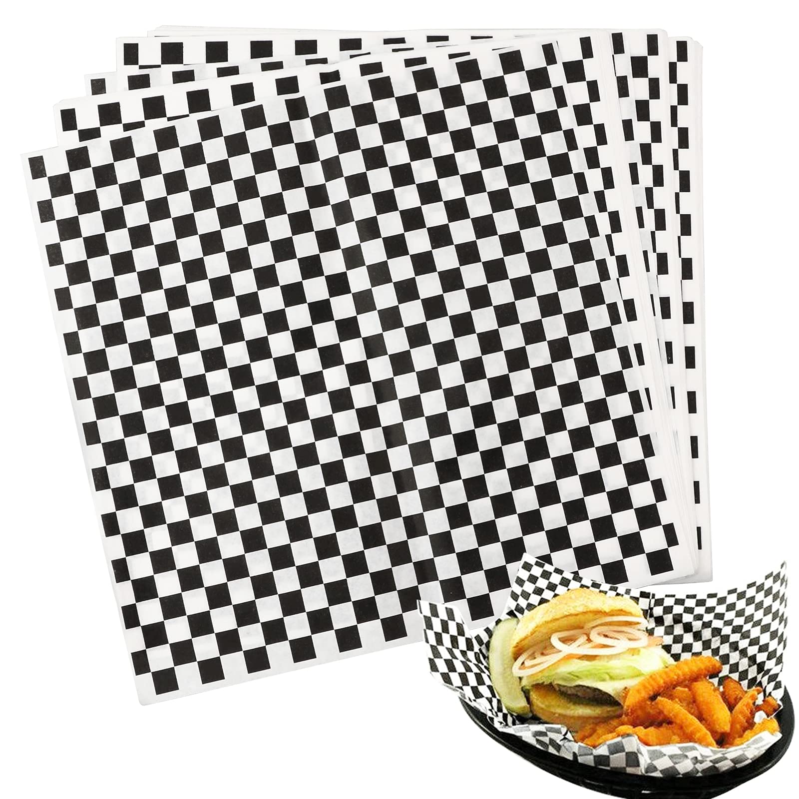 100 Sheets Black Checkered Dry Waxed Deli Paper - Food Safe Basket Liners for Wrapping Bread, Sandwiches & Pastries | Ideal for Bakeries, Cafes & Food Trucks