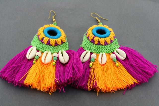 Vibrant Tassel & Shell Earrings for Women - Raspberry & Gold Boho Style | Perfect for Beach, Festival, and Summer Outfits