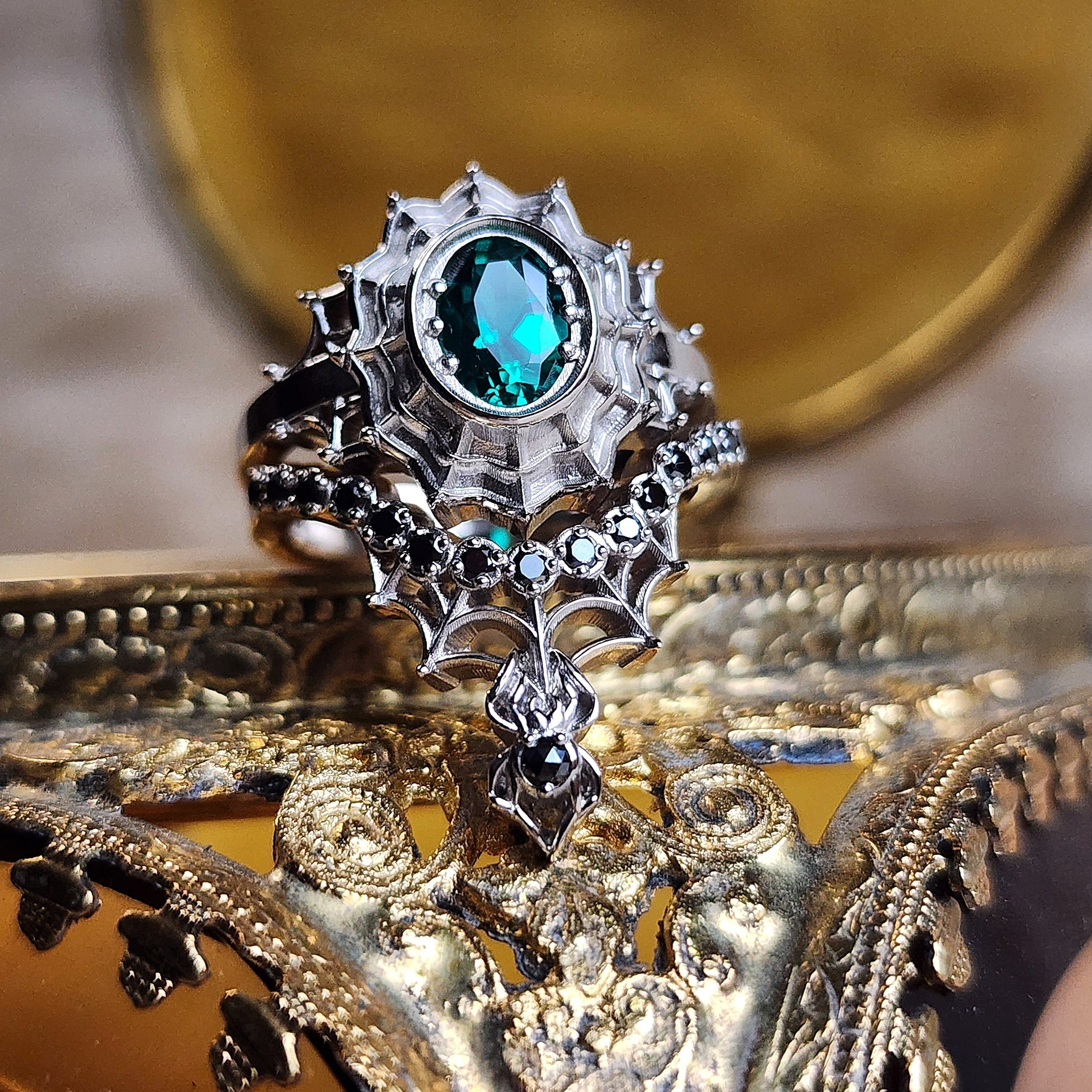 Emerald Gothic Wedding Ring Set - 14K Palladium White Gold Spider Web Engagement Ring with Oval Gemstone for Alternative Brides | Dark Romance Jewelry for Weddings, Halloween & Gothic Fashion