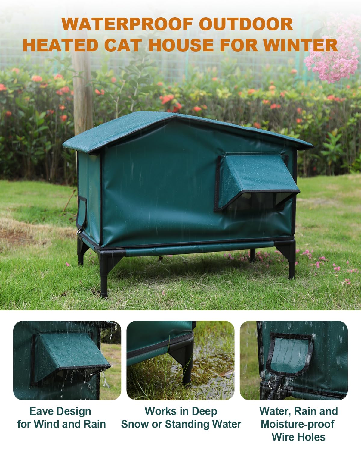 100% Waterproof Heated Cat House for Outdoor Cats - Safe Escape Door, Weatherproof Insulated Shelter with Heating Pad - Perfect for Feral Cats & Winter Protection - Ideal for Backyards, Garages & Cold Weather Use