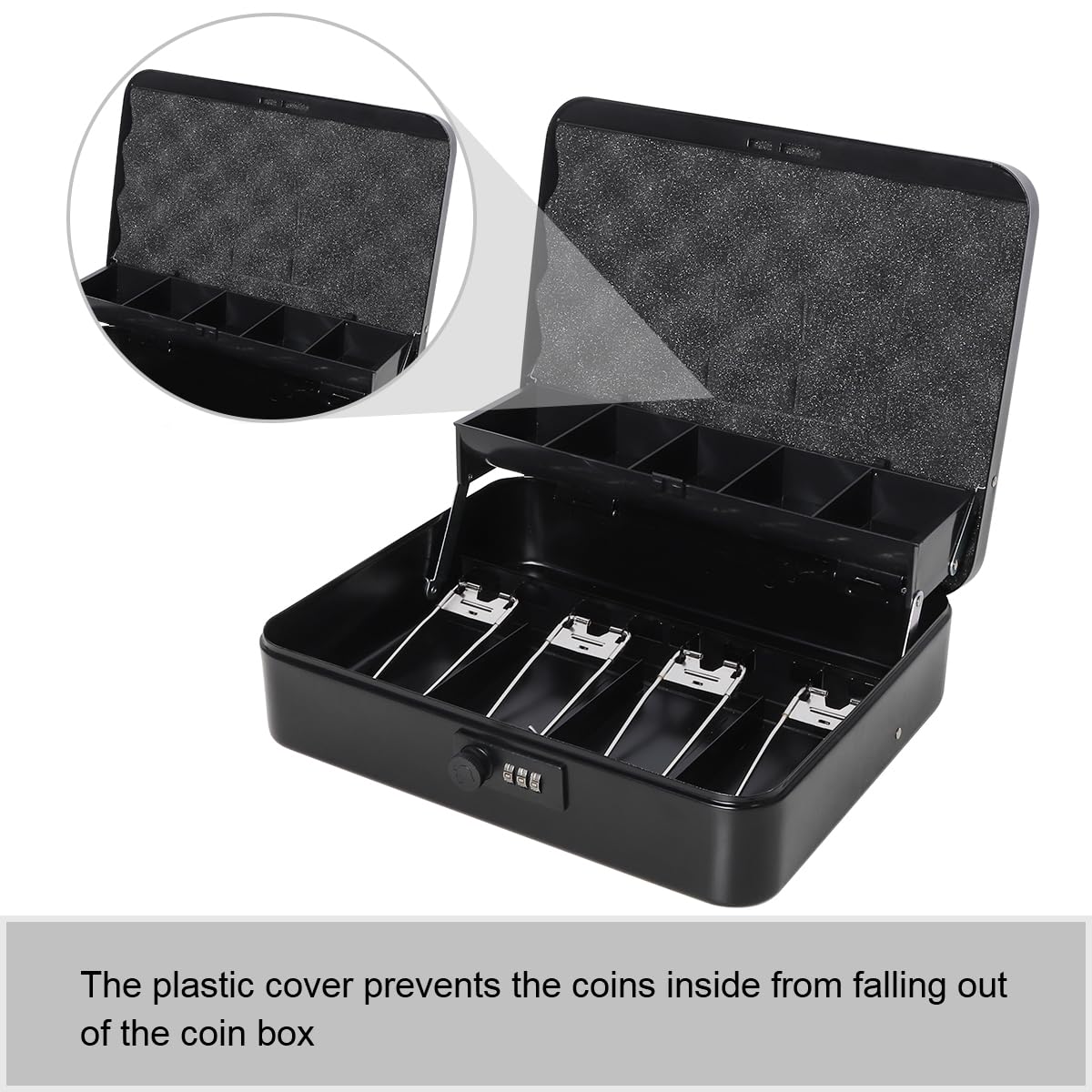 Jssmst Large Metal Cash Box with Money Tray & Combination Lock - Secure Black Money Storage Box for Home, Office, or Retail Business Use