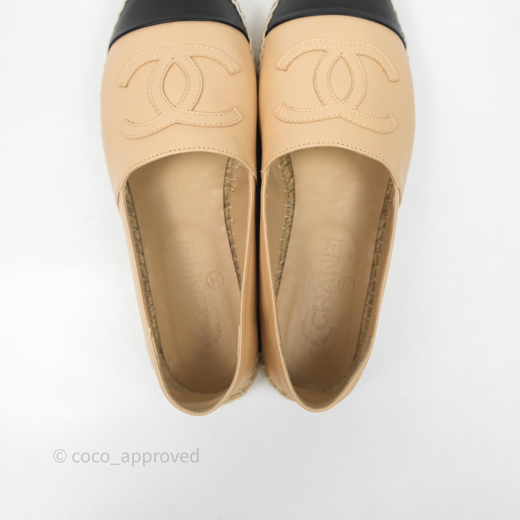 Chanel CC Logo Espadrilles in Beige & Black Lambskin - Women's Size 36 | Comfortable Luxury Flats for Casual Outings & Summer Fashion