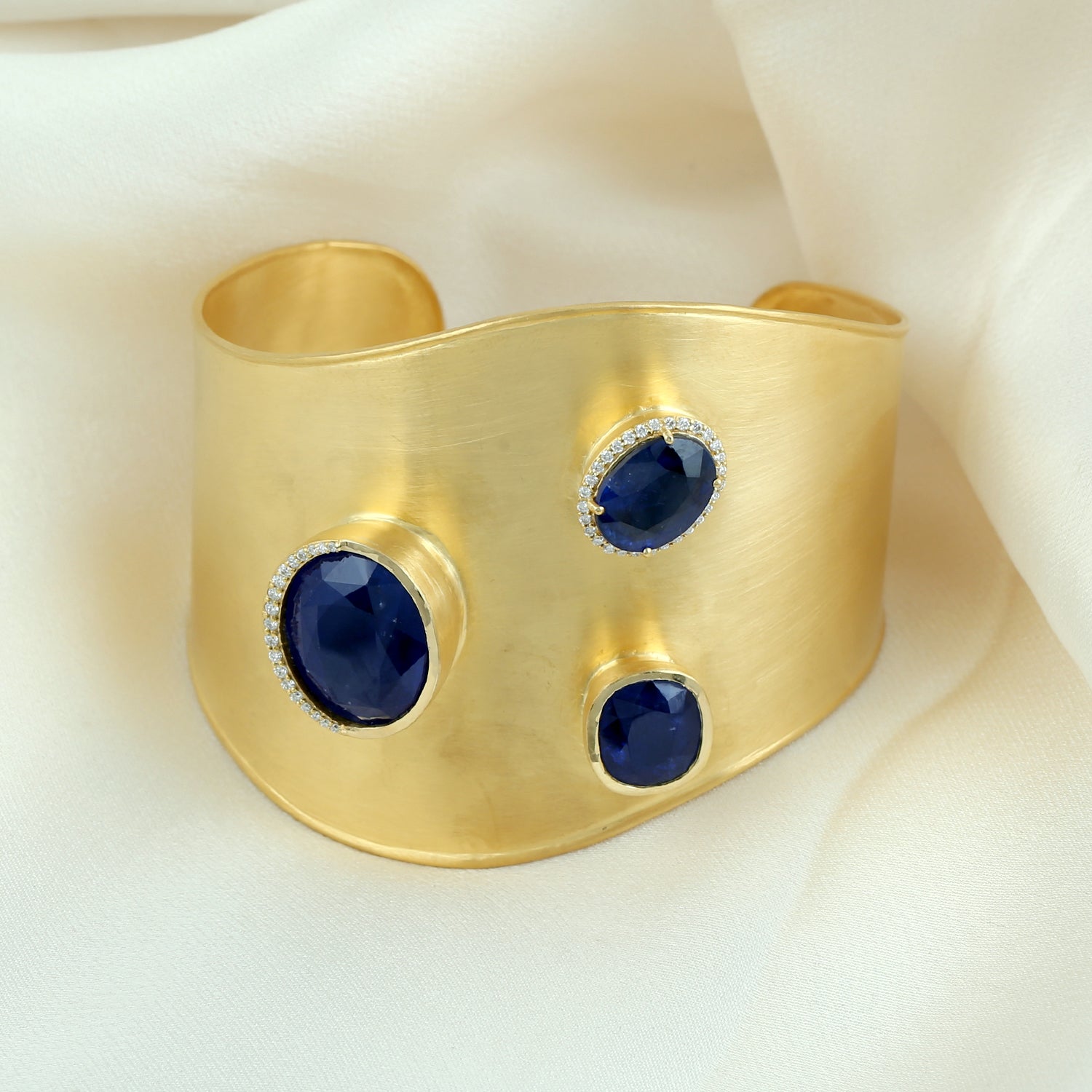 18K Yellow Gold Bezel Set Blue Sapphire & Pave Diamond Designer Cuff Bracelet - Perfect for Weddings, Anniversaries & Special Occasions