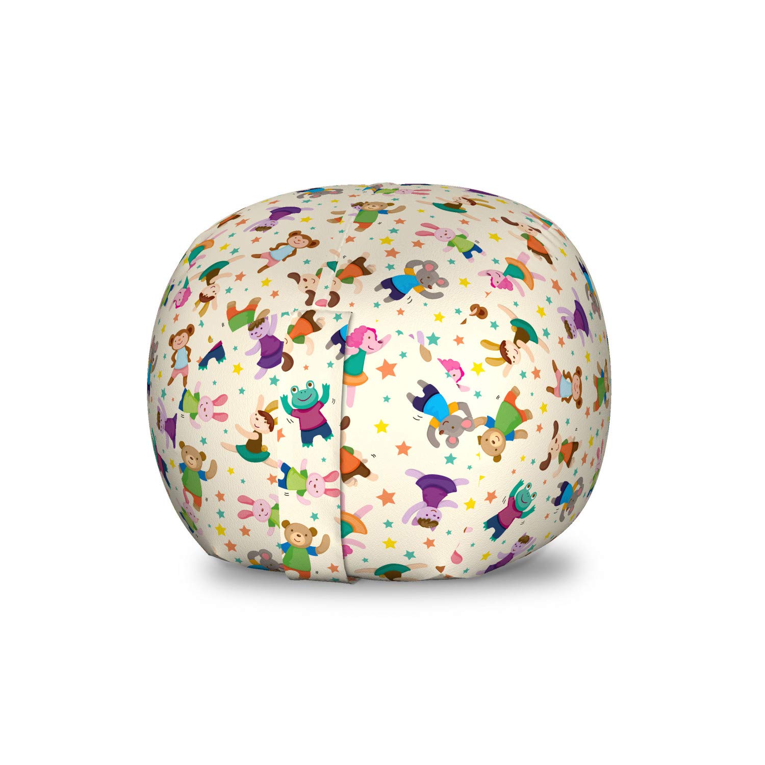 Ambesonne Cartoon Toy Storage Bag Chair - Animal Dancers & Colorful Stars Pattern - Washable Stuffed Animal Organizer for Kids Room - Small Size (Eggshell/Multicolor) - Perfect for Nursery, Playroom & Bedroom Organization