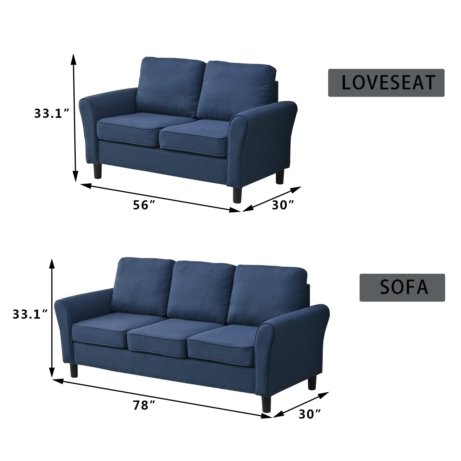 Modern Linen Loveseat Sofa - Comfortable Blue Couch for Living Room, Office & Bedroom - Perfect for Small Spaces, Apartments and Cozy Home Decor