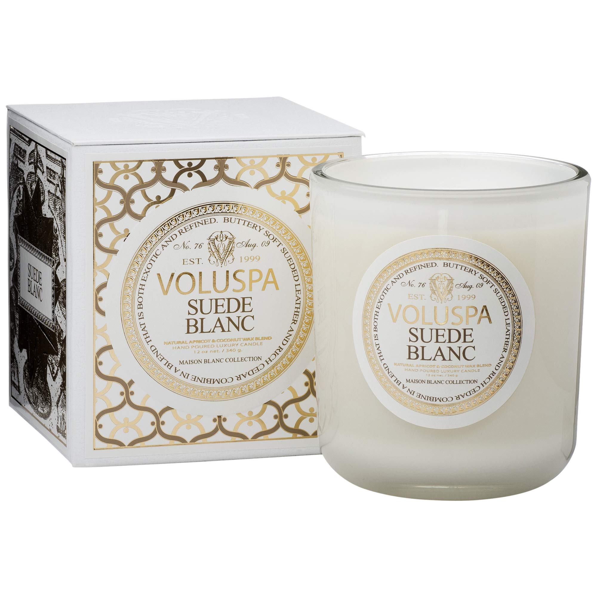 Voluspa Suede Blanc Classic Maison Candle - 12 oz (100 Hour Burn Time) | Luxury Home Fragrance for Living Room, Bedroom & Bathroom Decor