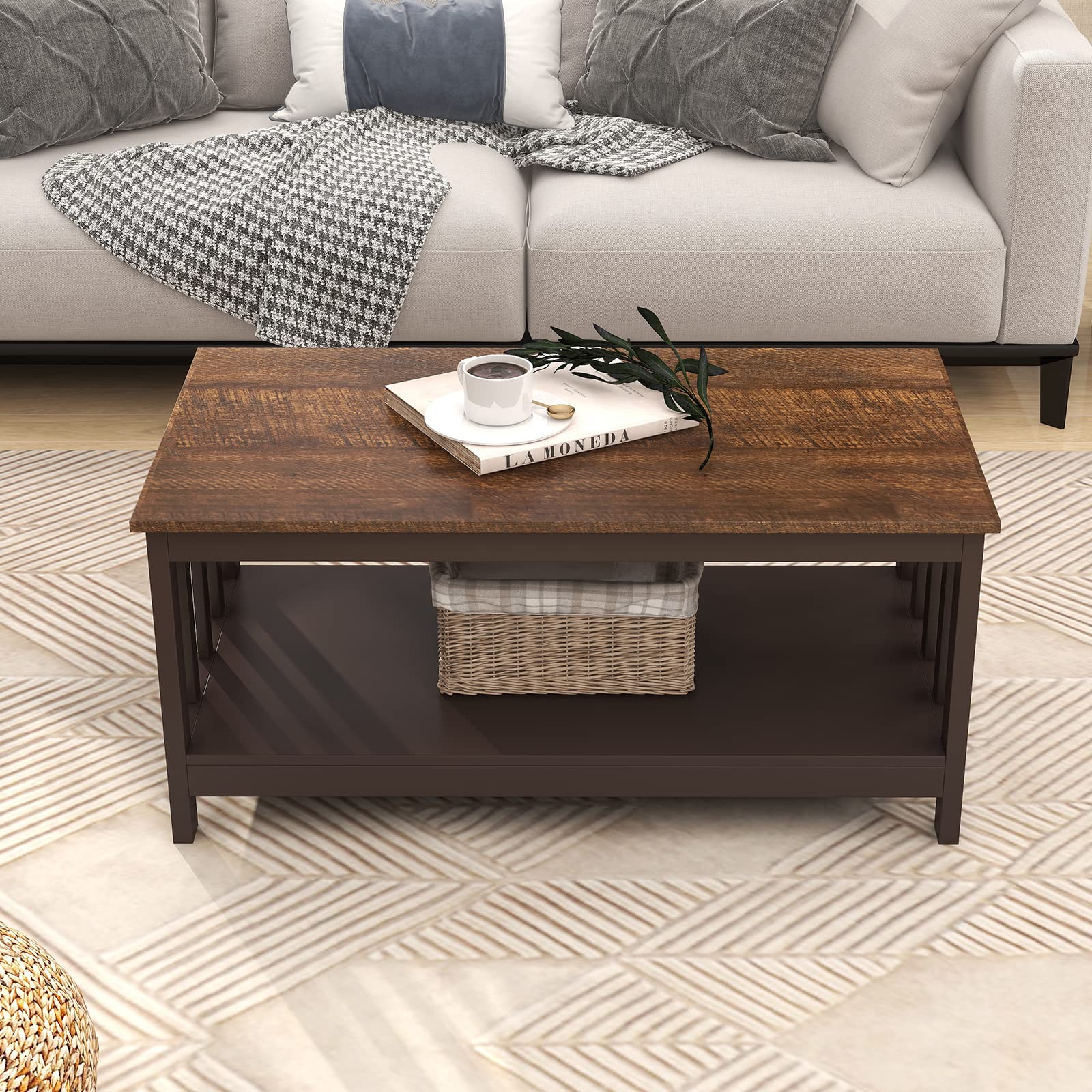 ChooChoo Farmhouse Coffee Table - 40 Inch Rustic Espresso Wooden Living Room Table with Lower Shelf | Perfect for Farmhouse Decor, Small Spaces & Cozy Gatherings