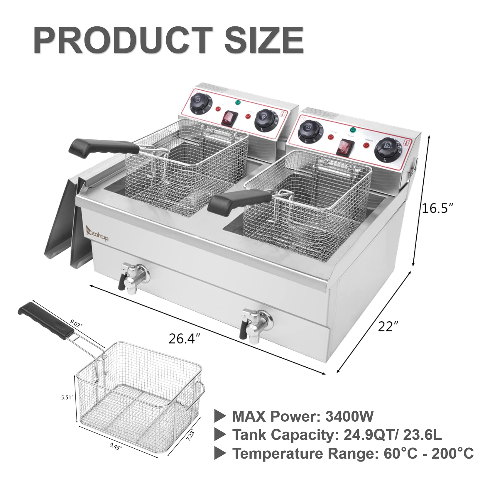 Commercial-Grade 3400W Stainless Steel Double Tank Electric Deep Fryer with Basket - 24.9QT/23.6L Oil Capacity for Restaurants, Food Trucks & Catering Businesses - Perfect for Frying Chicken, Fish, Fries & Donuts