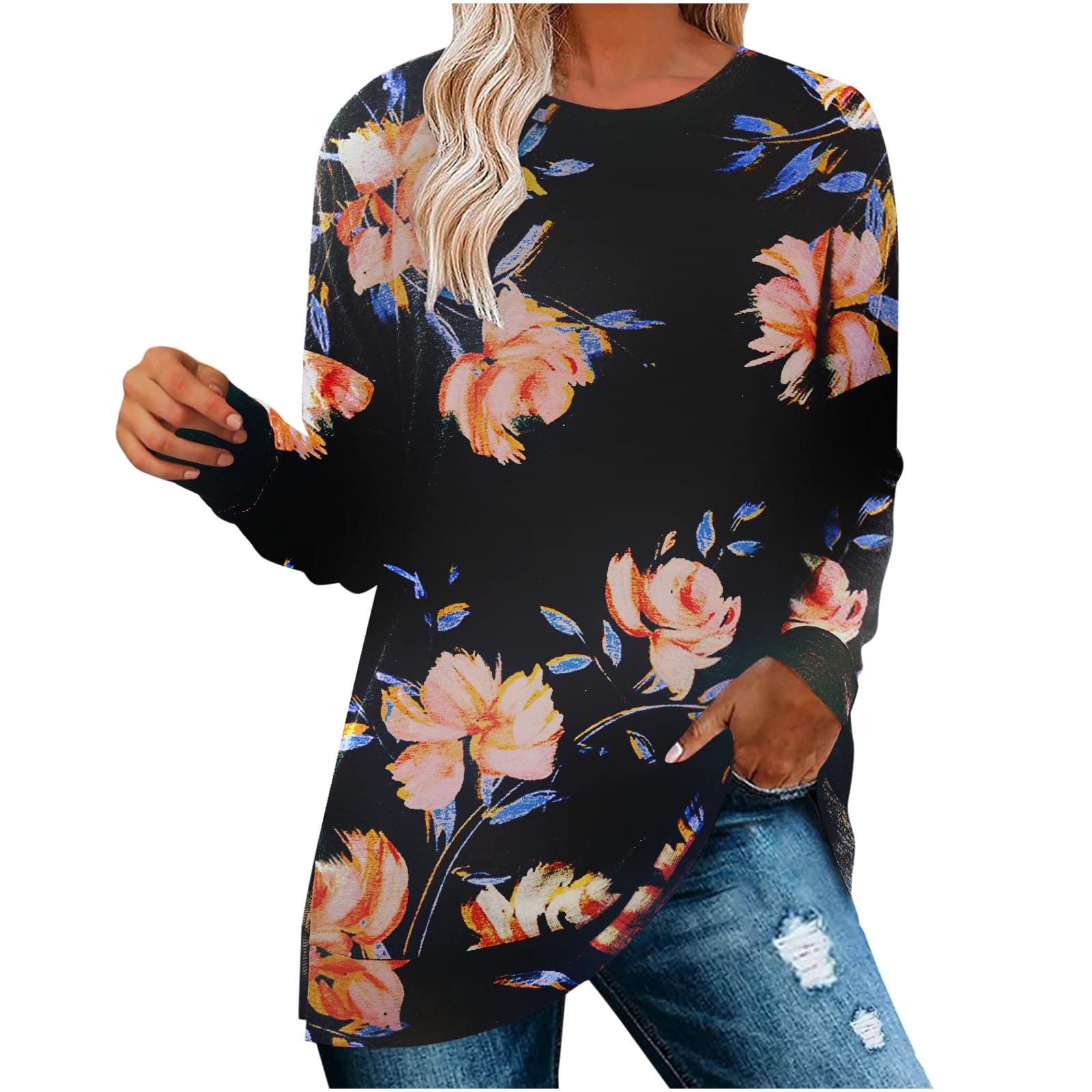 Women's Floral Printed Tunic Tops - Casual Long Sleeve Blouse & Graphic Tee Shirt - Trendy Loose Fit Pullover for Work, Weekend & Fall Outfits