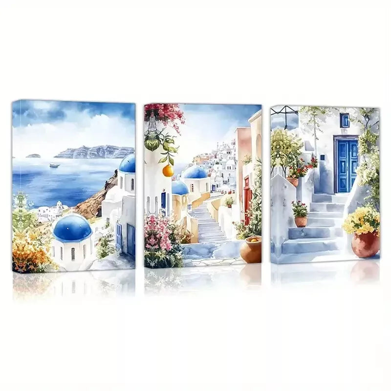 3-Piece Santorini Floral & Lake View Art Set - Framed Canvas 50x70cm - High Quality Print - 100% Australian Made - Ready to Hang Wall Decor for Living Room, Bedroom & Office