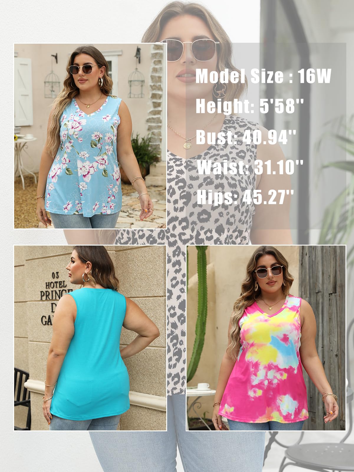 ROSRISS Women's Plus Size V Neck Tank Tops - Summer Sleeveless Casual T-Shirts & Tunics for Everyday Wear, Beach Outfits, and Layering
