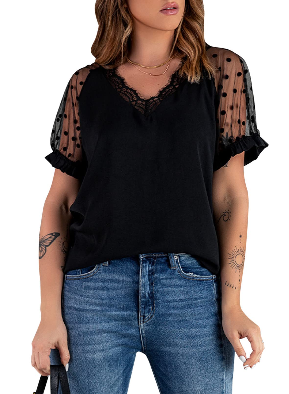 EVALESS Women's V-Neck Lace Trim Mesh Short Sleeve Blouse - Polka Dot T-Shirt Top for Casual Wear, Office & Date Night Outfits