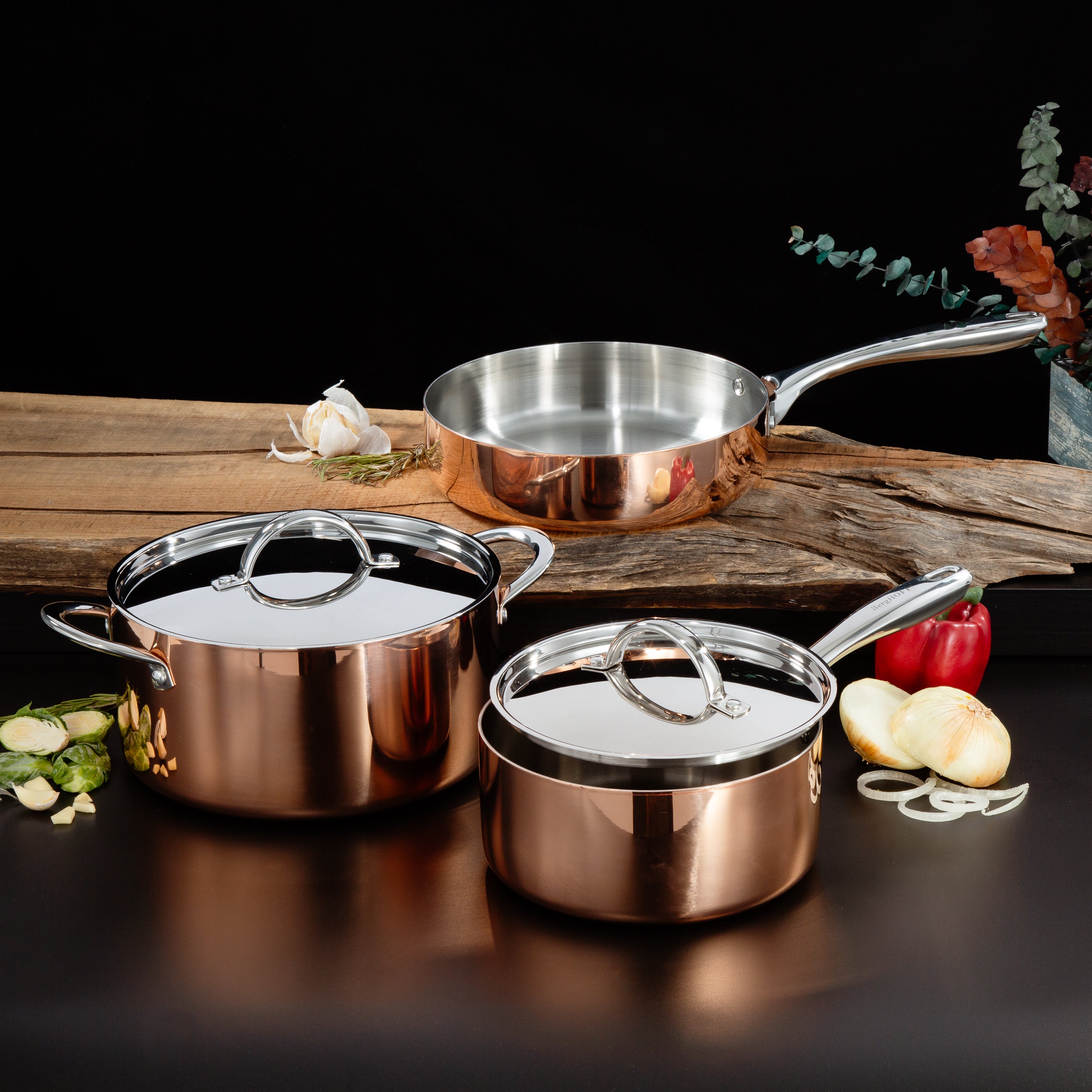BergHOFF Vintage 5-Piece Tri-Ply Copper Cookware Set with Lids - Polished Stainless Steel Pots & Pans for Professional Cooking, Home Kitchen & Gourmet Meal Preparation