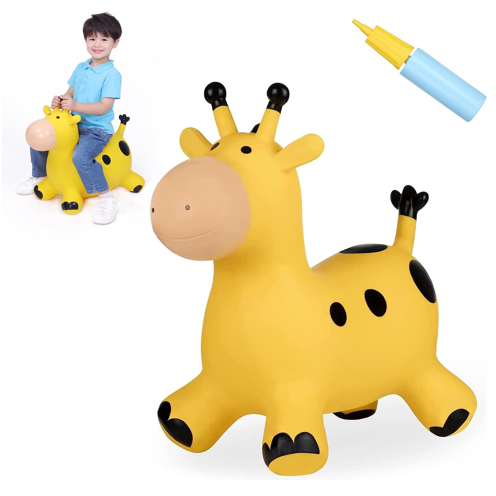 INPANY Bouncy Horse & Giraffe Hopper Animal Ride-On Toys for Toddlers - Jumping Jungle Animal Figures for 2 3 4 Year Old Boys & Girls - Wild One Birthday Party & Safari Baby Shower Decorations - Durable Rubber Bouncer for Indoor & Outdoor Play - Perfect Gift for Active Kids