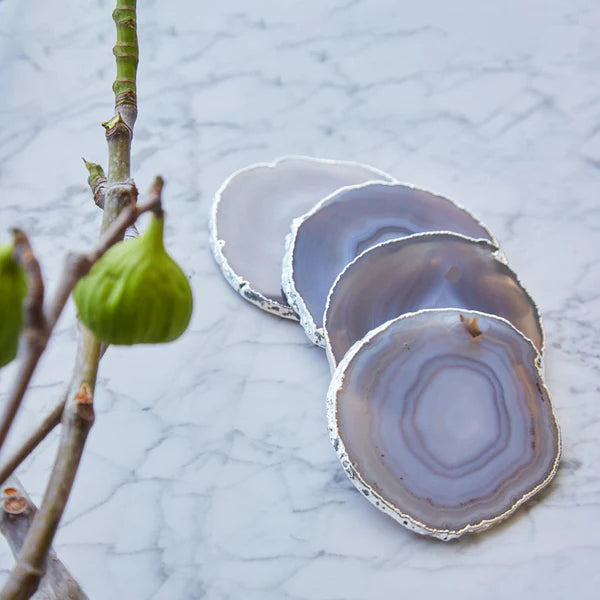 Lumino Smoke Agate & Silver Coasters Set of 4 - Elegant Drink Coasters for Home Bar, Coffee Table, and Party Decor