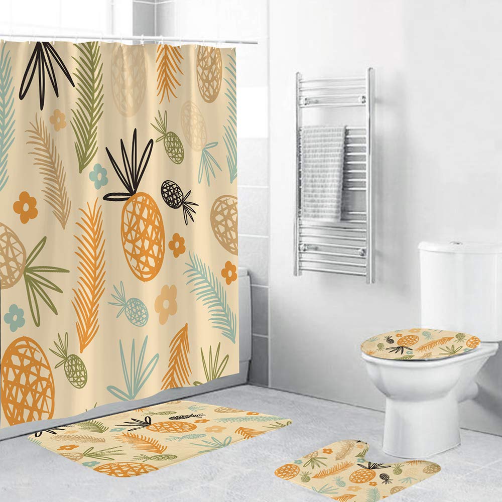 Waterproof Orange Watercolor Shower Curtain Set - 4 Piece Bathroom Decor with Non-Slip Mats, Absorbent Pedestal Pads & Toilet Lid Cover | Washable Fabric for Bath, Shower & Bathtub Use