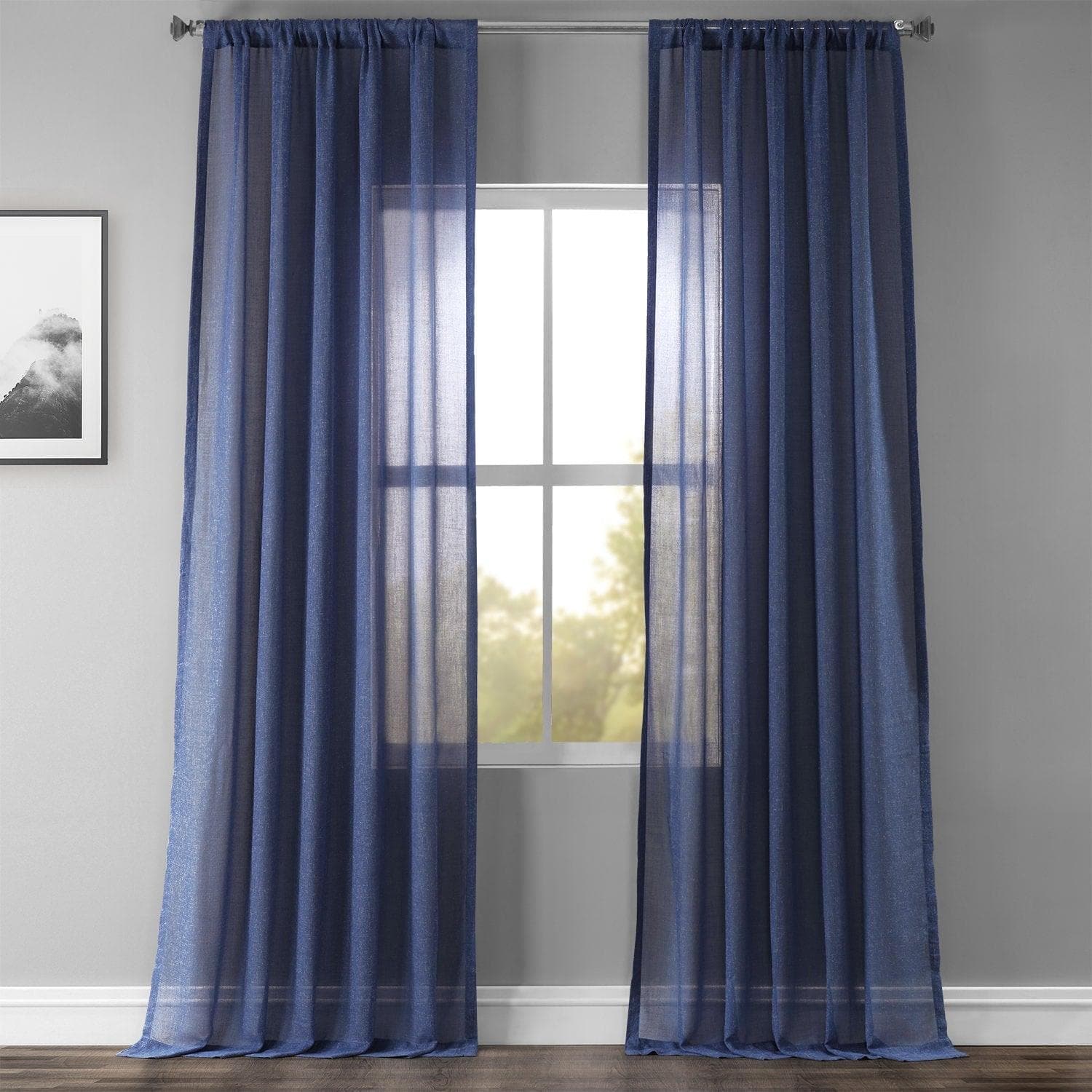 Blue Lapis Textured Faux Linen Sheer Curtains for Living Room & Bedroom - Light Filtering Window Drapes for Home Decor