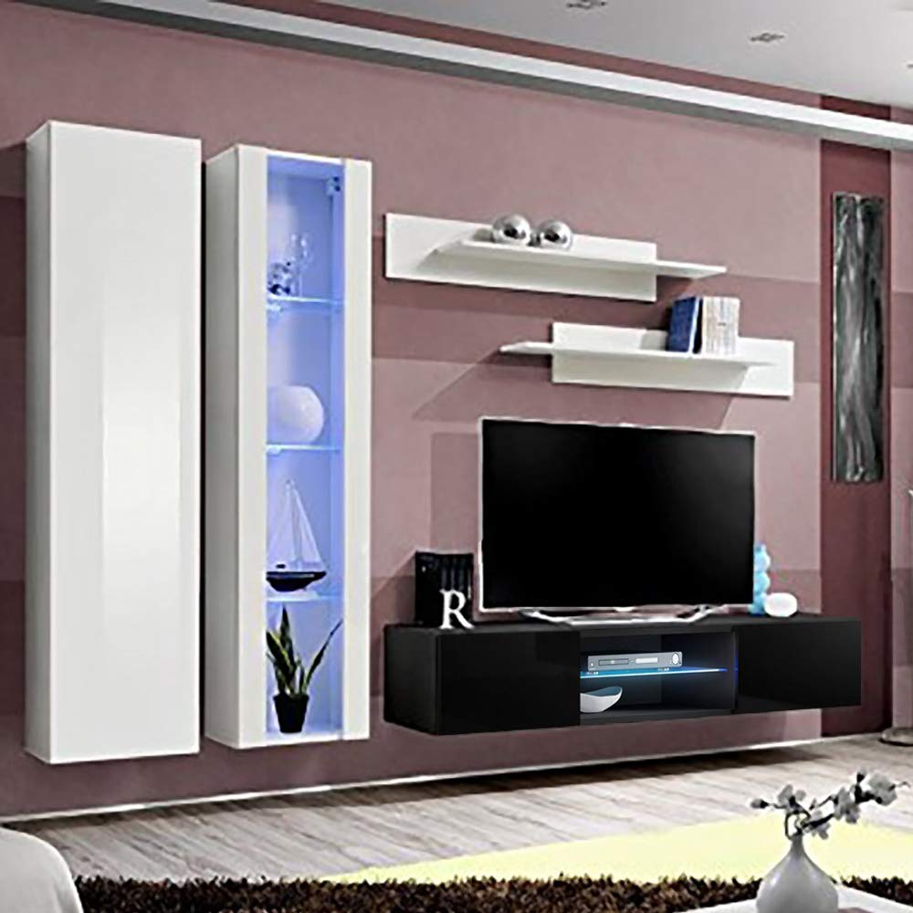 Modern Floating TV Stand with Storage & LED Lights - Wall-Mounted Entertainment Center for Bedroom & Living Room - White/Black A4 33TV Console with Shelves - Perfect for Small Spaces & Home Theater Setup